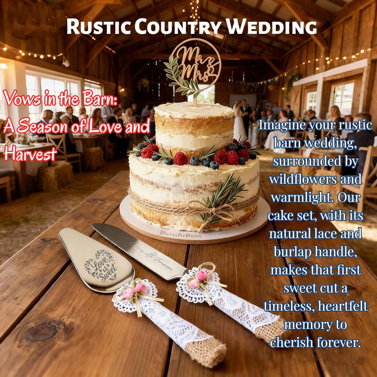 Wedding Cake Knife and Server Set – Rustic Lace Burlap Handle, Stainless Steel Blades, Vintage Wedding Cake Cutting Set for Bride & Groom, Anniversary, Engagement Gift