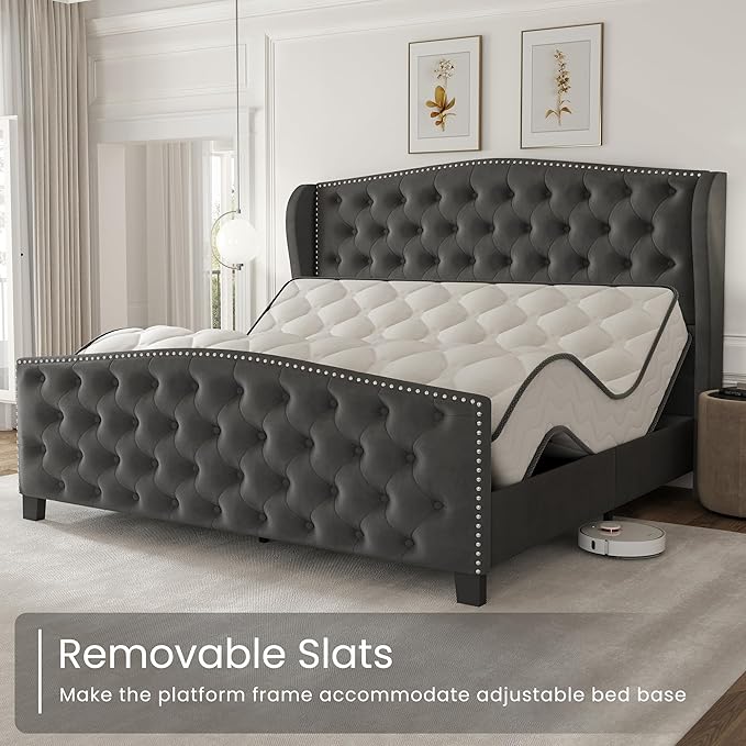 LARMACE Queen Size Bed Frame Velvet Upholstered Platform Bed - Image 9