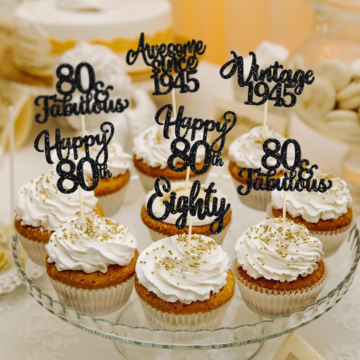 30Pcs Happy 80th Birthday Cupcake Toppers Glitter Awesome Since 1945 Eighty 80 Fabulous Vintage 1945 Cupcake Picks for 80th Birthday Anniversary Retirement Party Cake Decorations Supplies Black