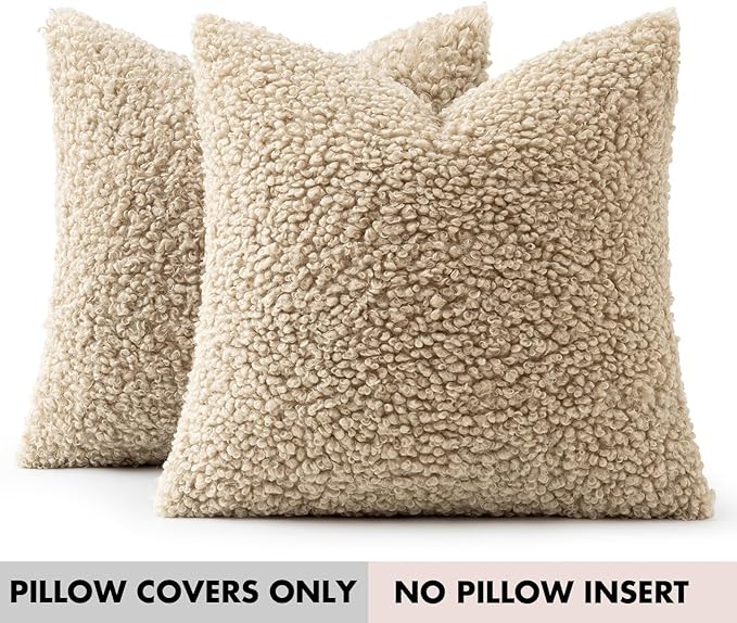 Faux Fur Throw Pillow Covers 18x18 Inch Set of 2 Boucle Neutral Decorative - Image 7