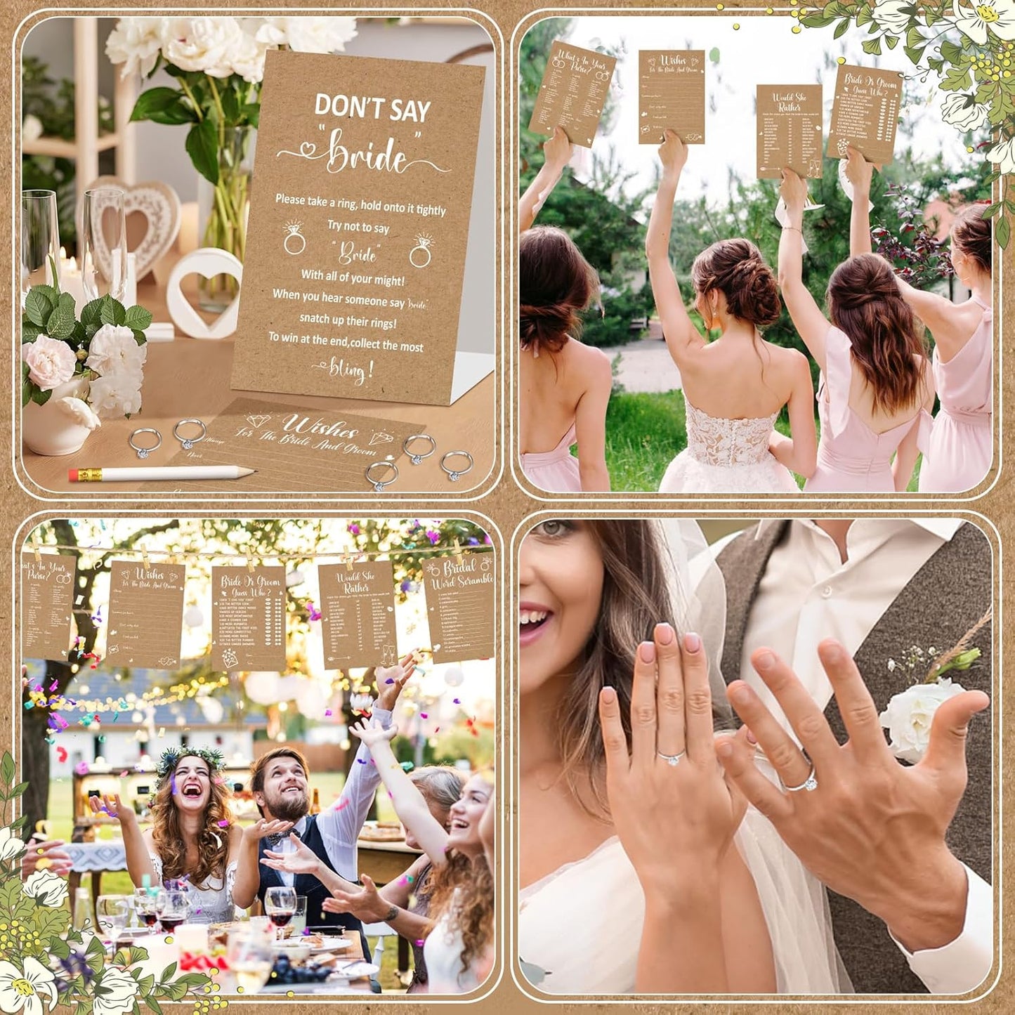 Estune 331 Pcs Bridal Shower Games Supplies, 5 Sets 250 Pcs Wedding Cards 1 Put a Ring on It Bridal Shower Games with 60 Rings and 20 Pencils(Rustic Kraft)