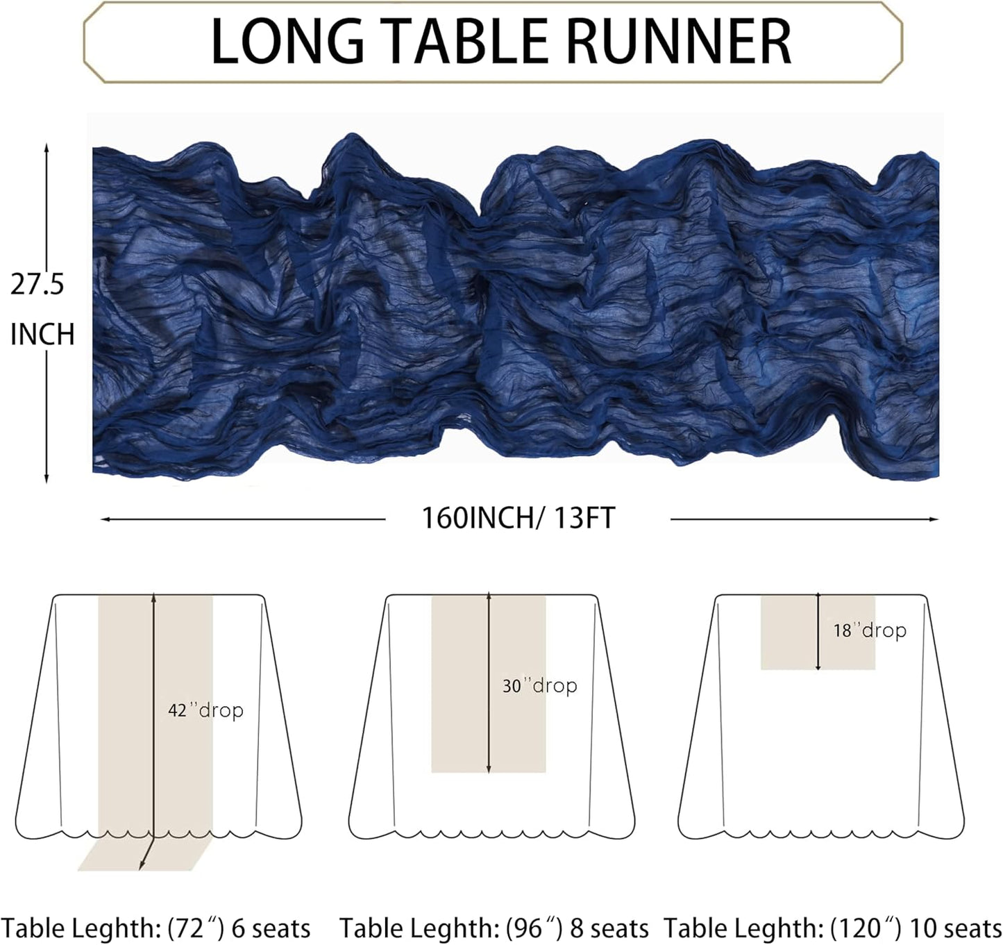 Snowkingdom 13Ft Navy Blue Cheesecloth Table Runner, 160inch Long Cheese Cloth Boho Gauze Runner for Christmas Wedding Bridal Baby Shower Birthday Holiday Party Sheer Table Decorations