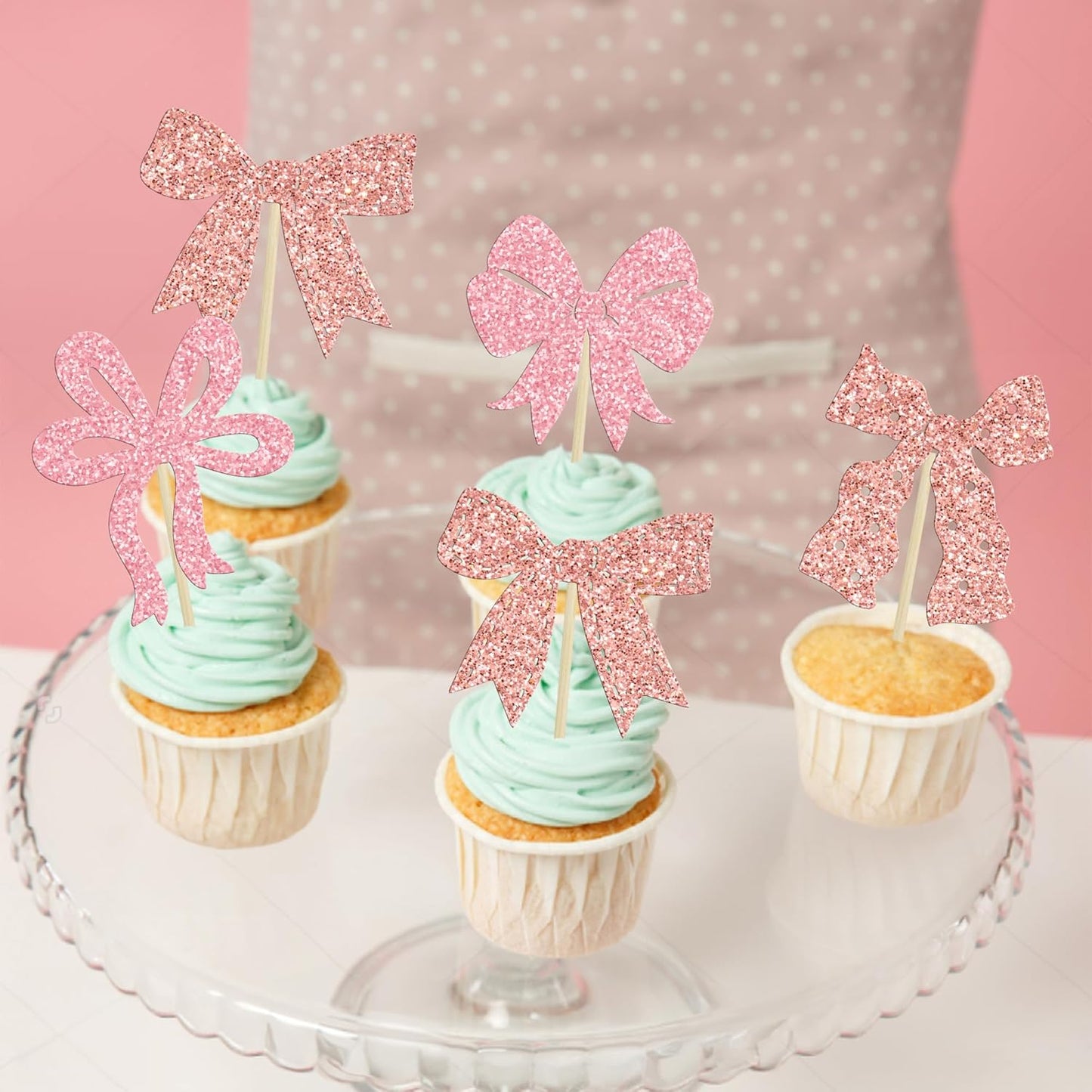 Ephlyn 24pcs Pink & Rose Gold Bow Cupcake Toppers - Perfect for Birthday, Baby Shower, Bridal Shower & Wedding Parties