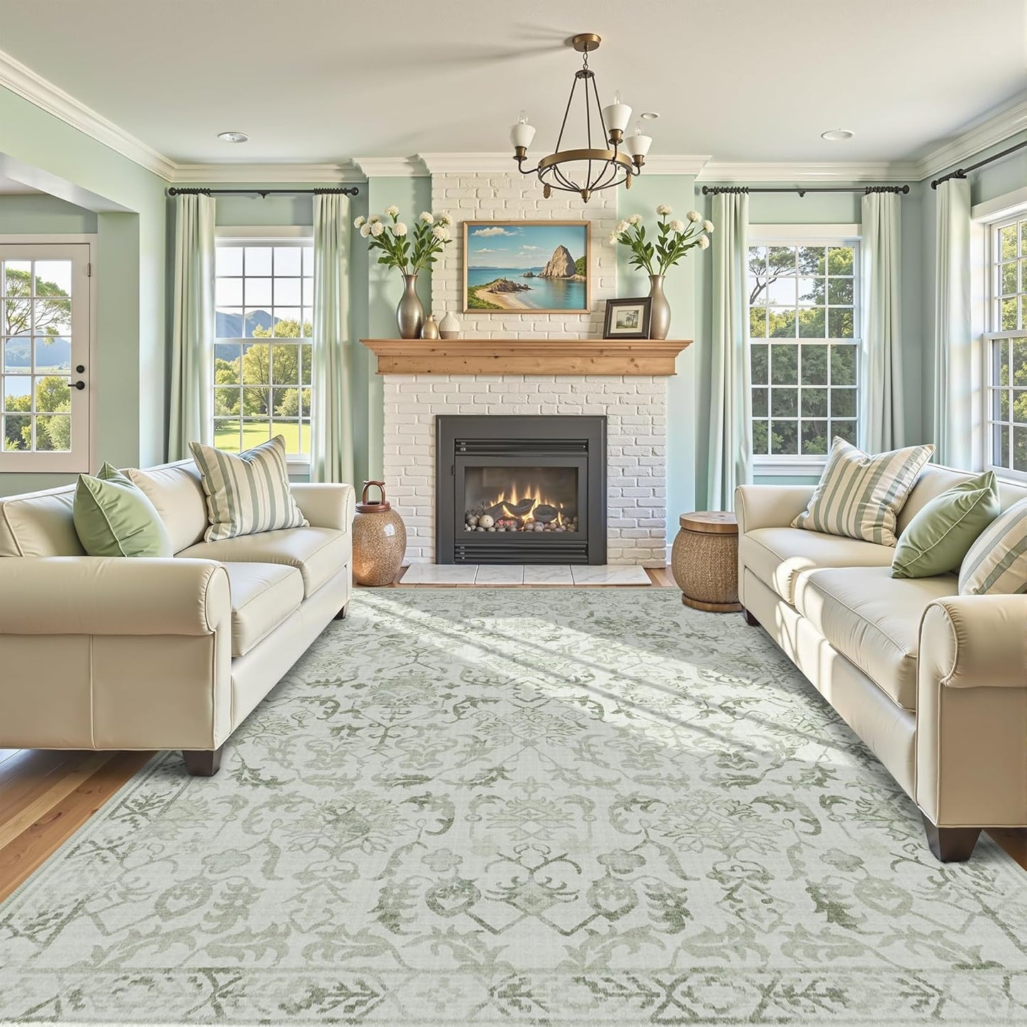 Sage Extra Large Area Rug 10x14 for Living Room, Distressed Washable Rug for Dining Room Bedroom, Anti-Slip Low-Pile and Soft Accent Rug Farmhouse Office Home Decor Light Green