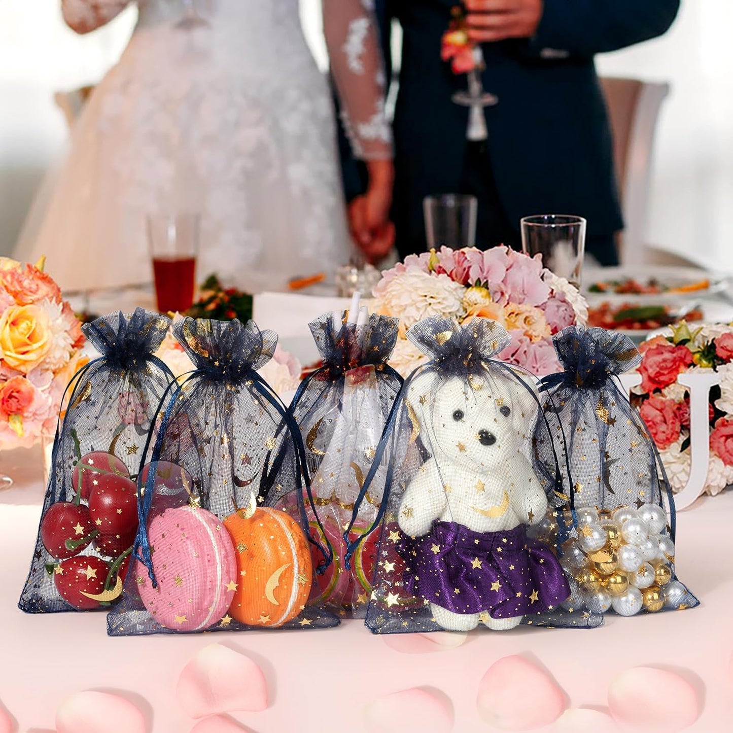 100 Pieces Moon Star Organza Bags, 4x6 Inch Random Color Organza Pouch Small Gift Bags with Drawstring for Christmas Party Favors Wedding Valentine's Day Ramadan Eid and Eid Al Adha Goodie Bags