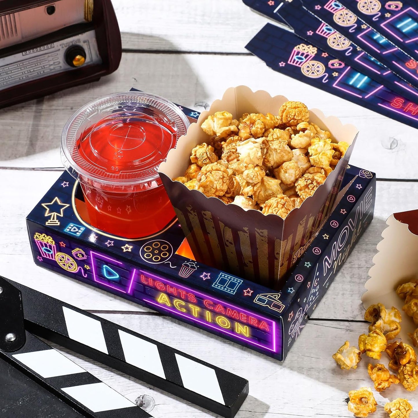 Faccito 36 Pcs Movie Night Snack Trays Movie Theater Snack Boxes Night Supply Disposable Paper Holder Tray for Popcorn Food Candy Drink Party 8 x 6 Inch(Black Purple,Classic Style)