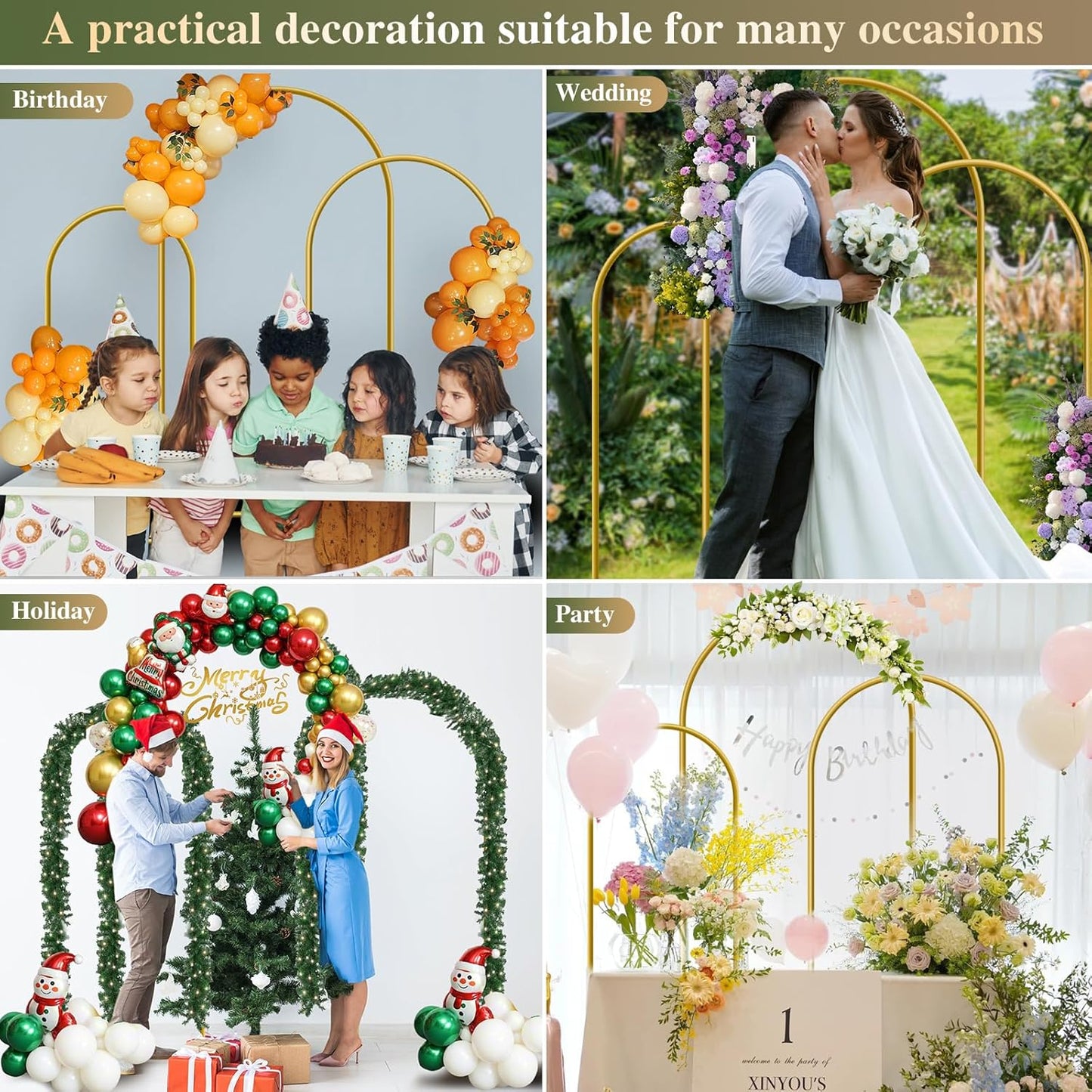 Metal Arch Backdrop Stand, Set of 3 (6/6.6/7.2 ft) Wedding Arched Frame with 12 Ground Nails, Stable Arched Background Stand for Wedding, Baby Shower, Birthday Party, Photography, Gold