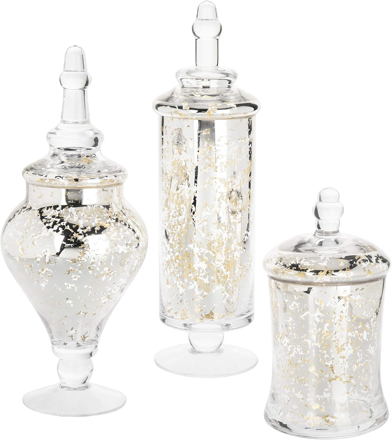 MyGift Set of 3 Silver Mercury Glass Apothecary Jars, Weddings Centerpiece Candy Buffet