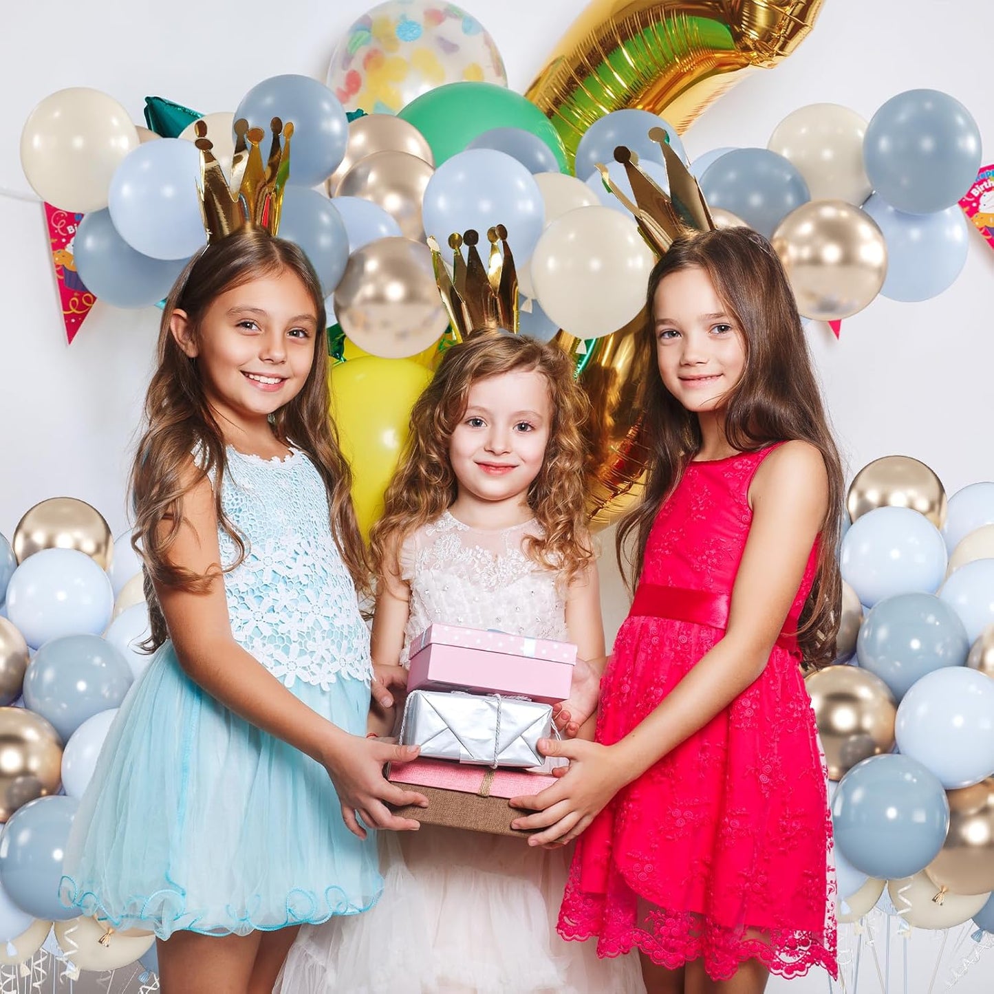 100pcs Dusty Blue and Gold Balloons, 12 Inch Haze Blue Sand White & Metallic Champagne Gold Balloons for Baby Shower Boho Wedding Bridal Shower Party Supplies (66ft Ribbons)