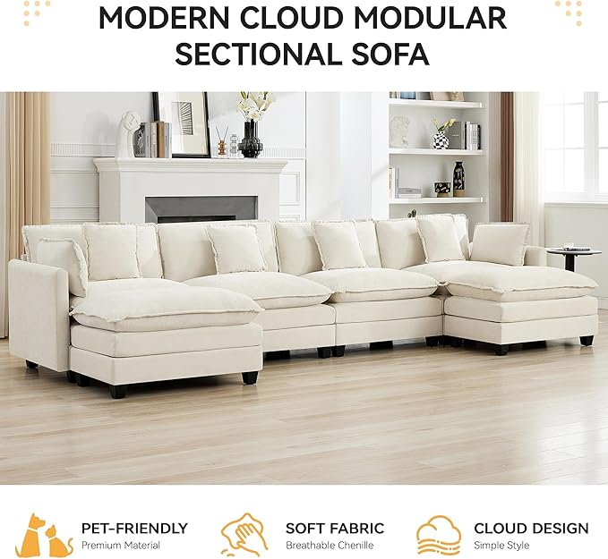 147'' Sectional Cloud Deep Seat Couch, Oversized Chenille U Shaped Sectional - Image 7
