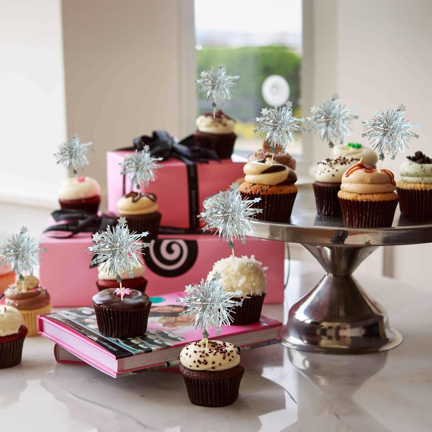 Gyufise 30Pcs Foil Firework Cupcake Toppers Sparkle Tinsel Star Cake Toppers Tinsel Drink Cake Decoration Cocktail Picks for Birthday Wedding Graduation Party Supplies Silver