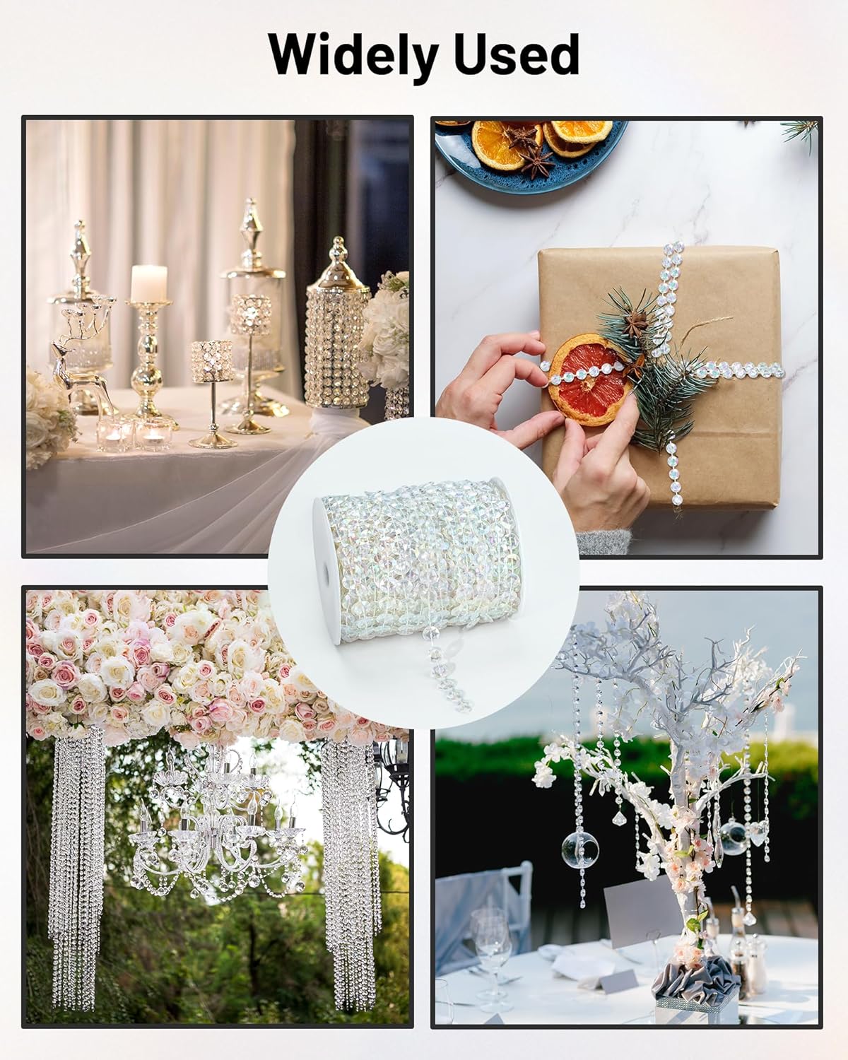 99FT Crystal Garland Strands, Acrylic Iridescent Crystal Beads String Roll, Diamond-Shaped Crystal Garland for Christmas Tree Wedding Party Decorations Beaded Curtain DIY Crafting Projects