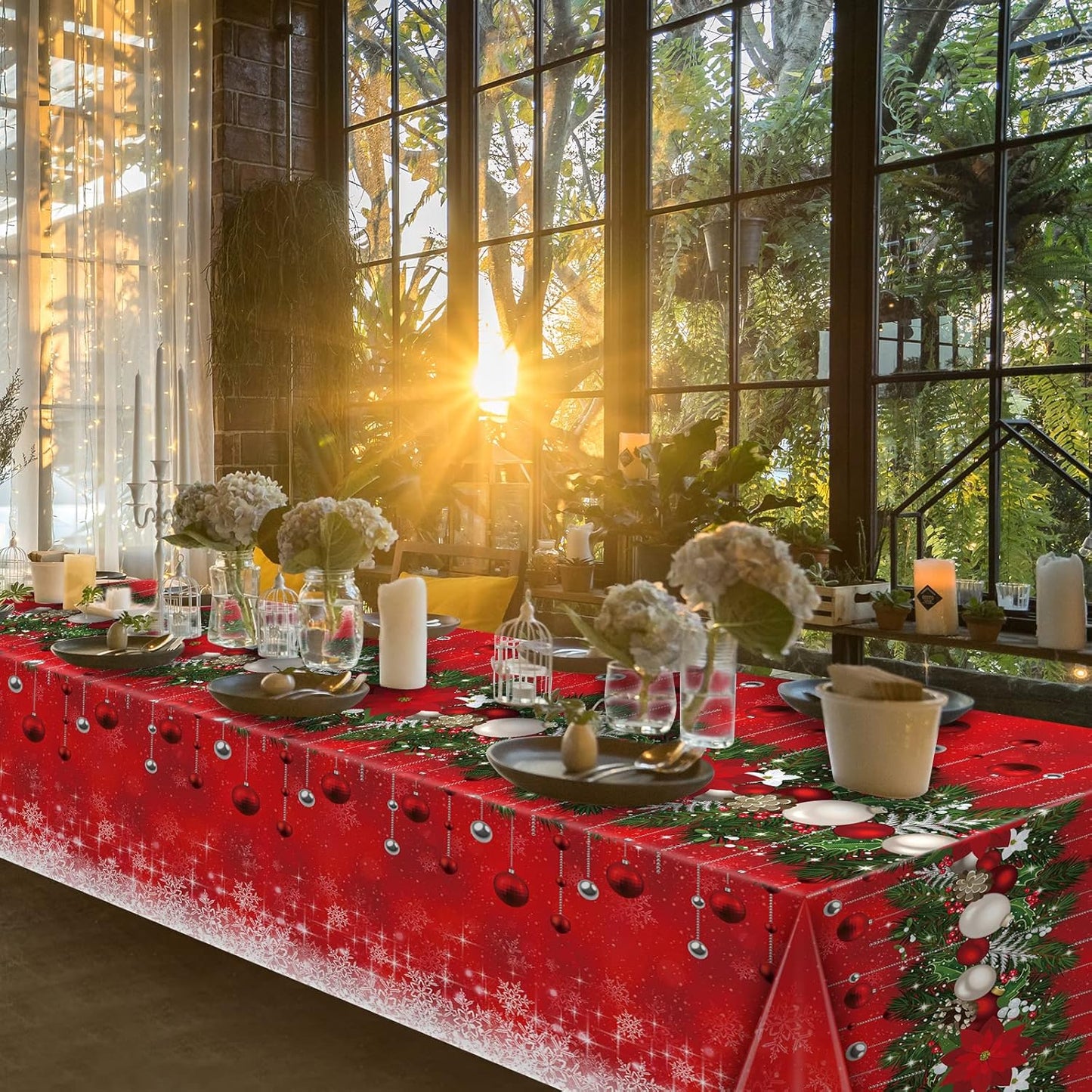 12Pieces Merry Christmas Tablecloth Plastic Christmas Tree Ball Table Cover Rectangle Winter Snowflake Tablecloth for Merry Christmas Holiday New Year Eve Party Decorations Supplies,54x108inch