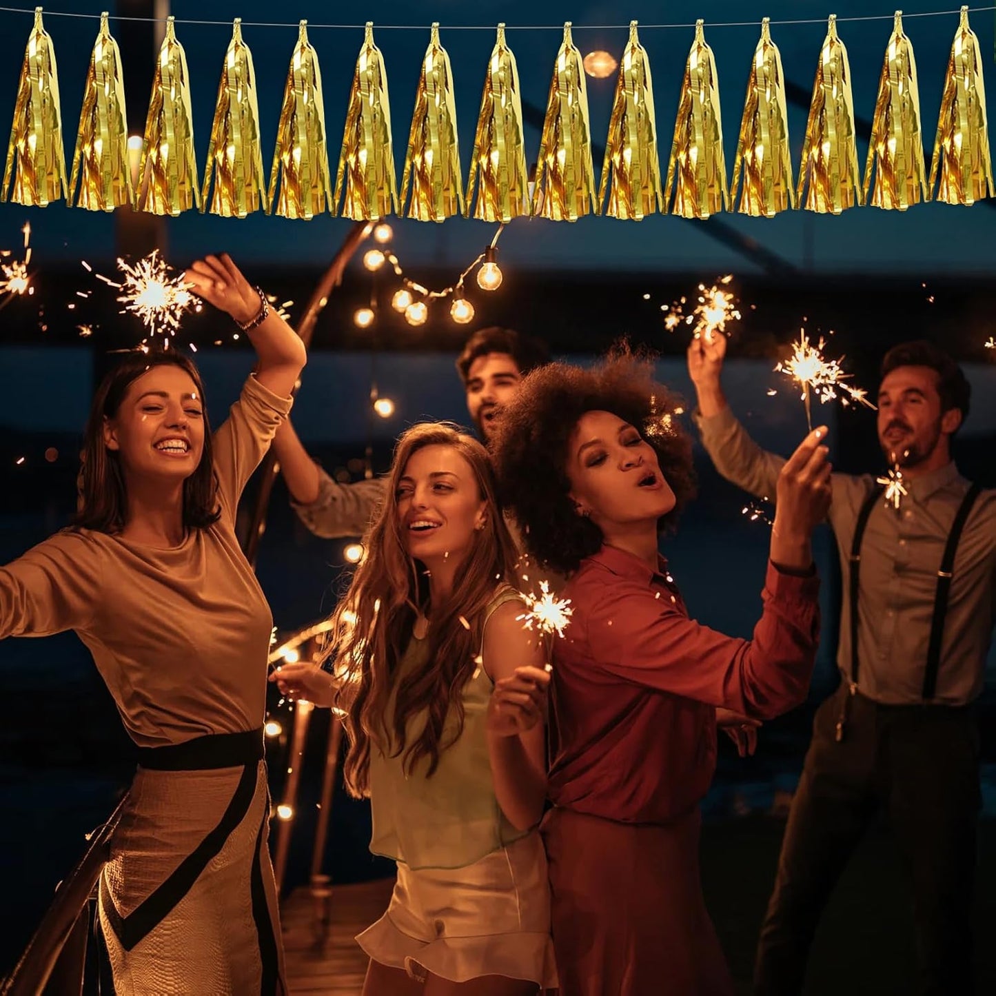 3P Gold Foil Fringe Metallic Tassel Streamers Banner Tassel Garland for Parade Floats, Bachelorette, Wedding, Birthday, Halloween, Christmas, Bridal/Baby Shower Party Decorations