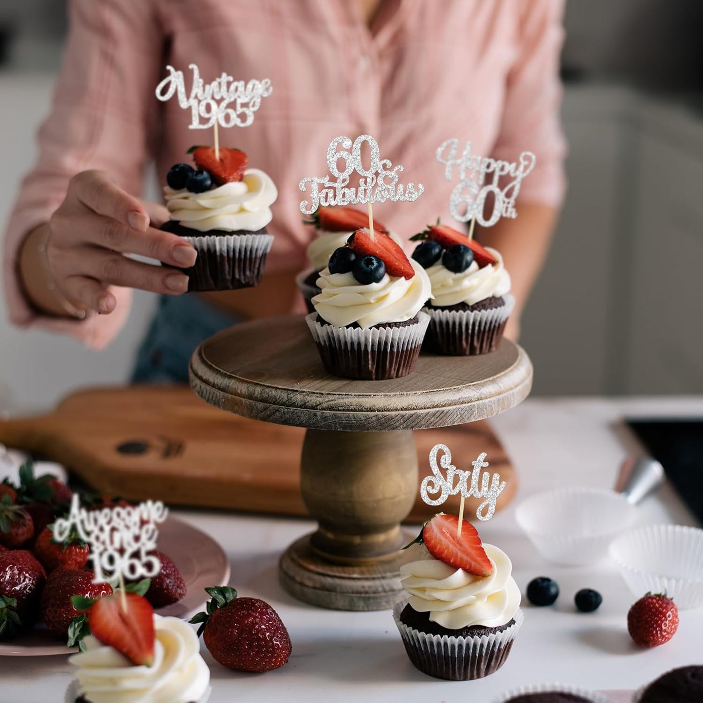 30Pcs Happy 60th Birthday Cupcake Toppers Glitter Sixty Vintage 1965 Cupcake Picks Cheers to 60 Fabulous Cake Decorations for 60th Birthday Wedding Anniversary Party Supplies Silver