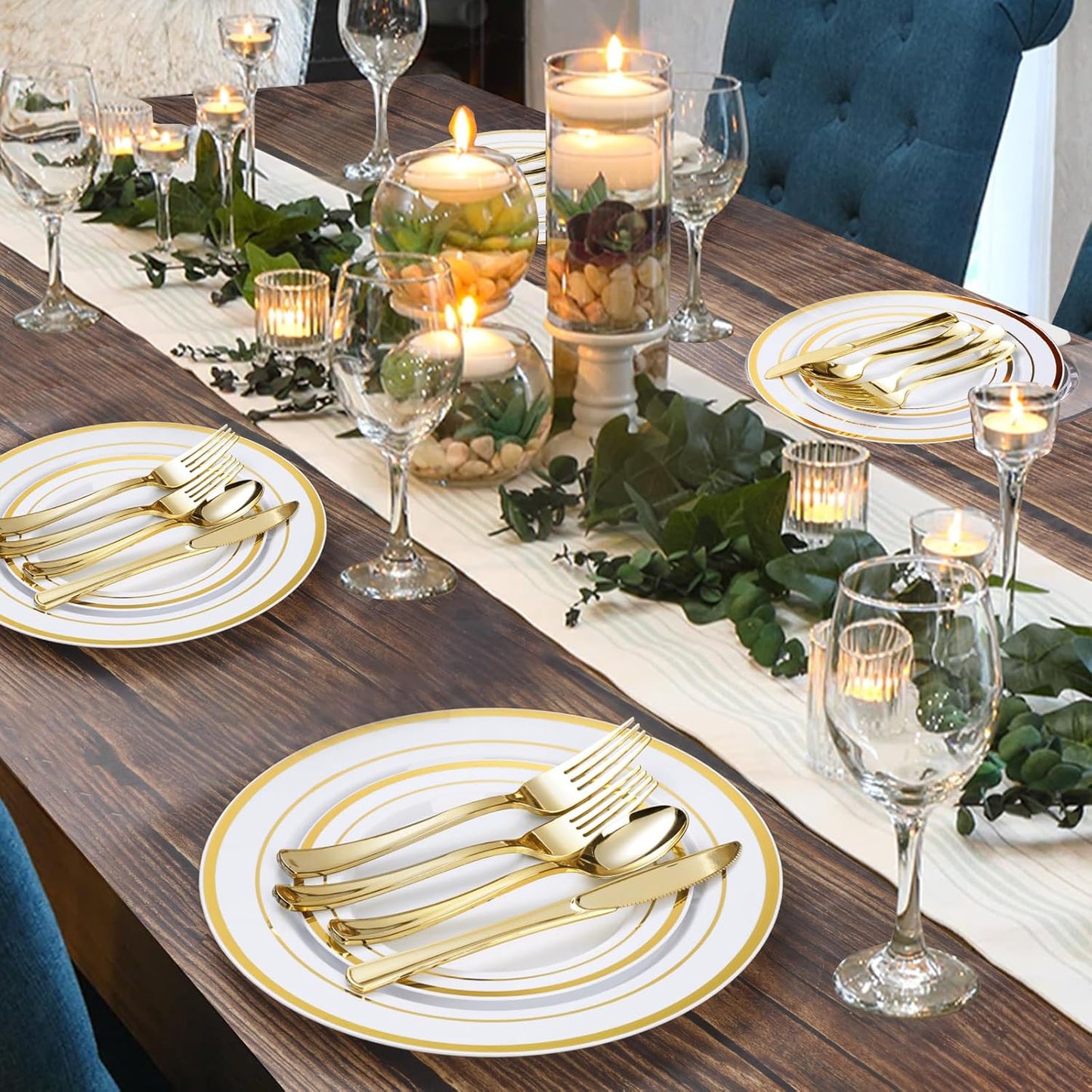 600PCS Gold Plastic Plate Set (100 Guests), Plastic Plates for Party Wedding Birthday, Disposable Dinnerware Set of 200 Plates, 200 Forks, 100 Spoons, 100 Knives for Christmas, Thanksgiving