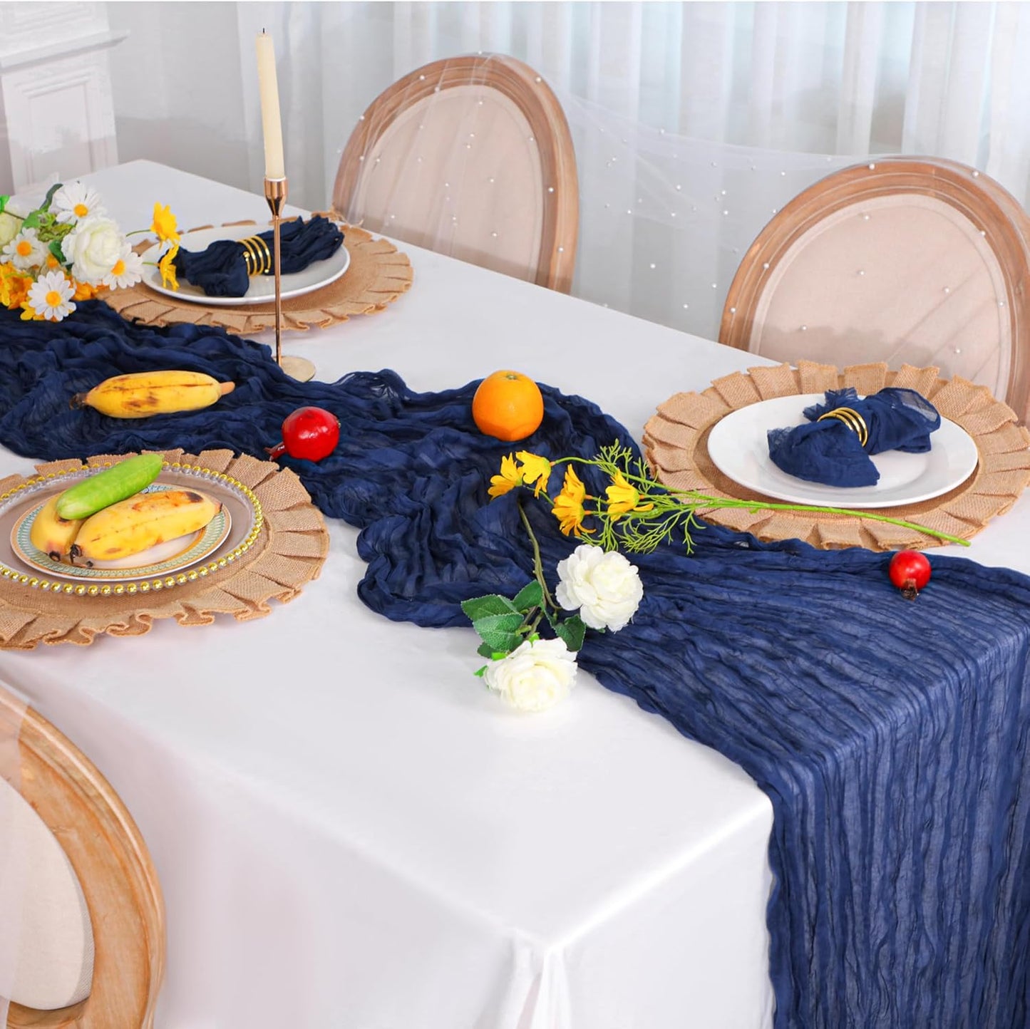 Snowkingdom 6PCS 13Ft Navy Blue Cheesecloth Table Runner, 160inch Long Cheese Cloth Boho Gauze Runner for Wedding Bridal Baby Shower Birthday Holiday Party Sheer Table Decorations