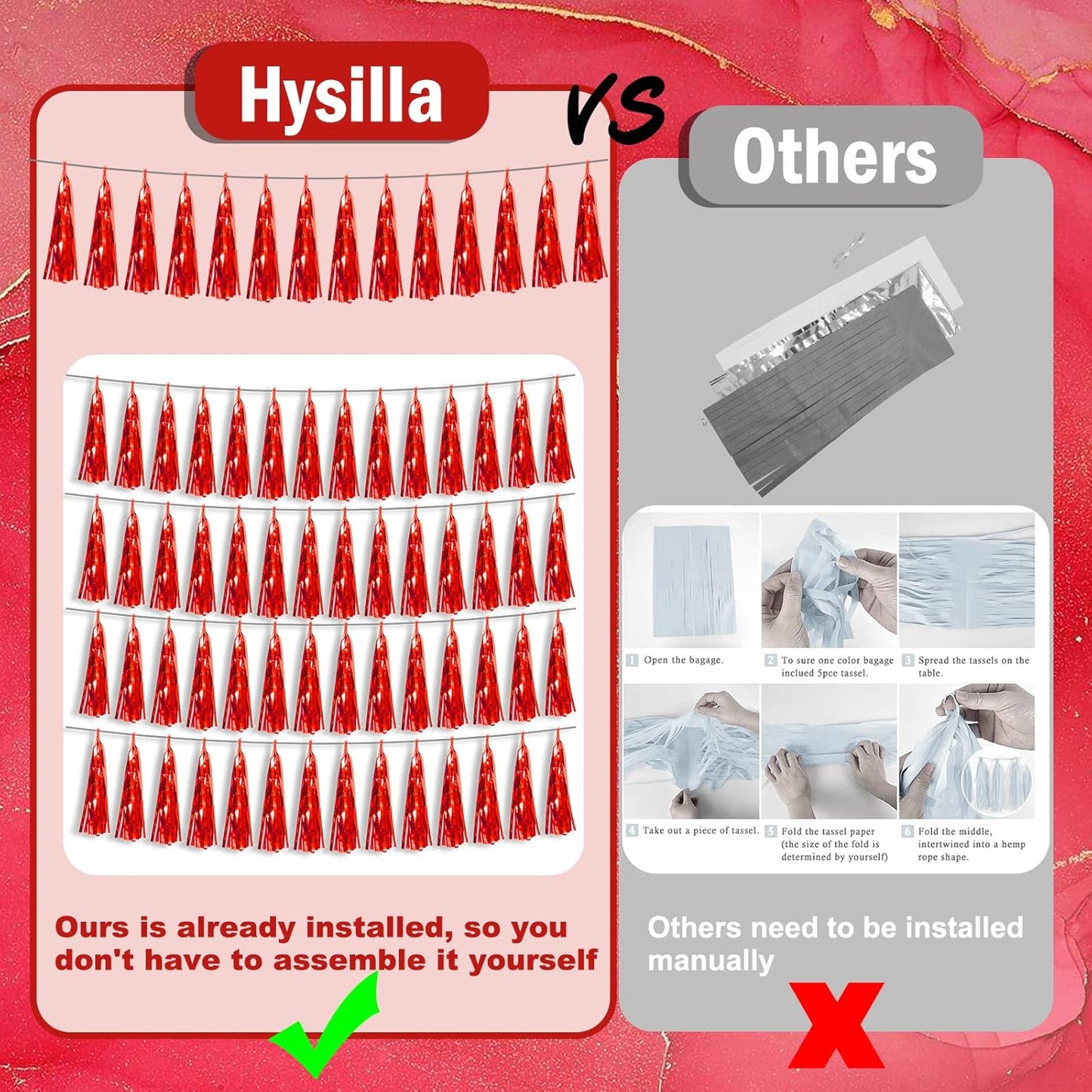 8P Red Foil Fringe Metallic Tassel Streamers Banner Tassel Garland for Parade Floats, Bachelorette, Wedding, Birthday, Halloween, Christmas, Bridal/Baby Shower Party Decorations