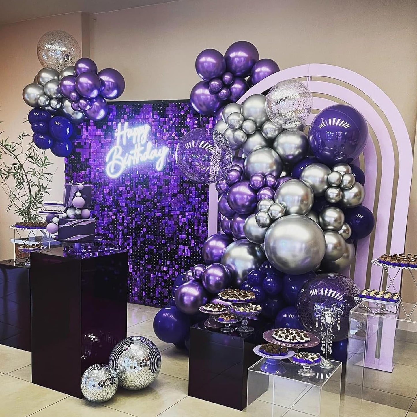 50pcs Purple & Black Balloons - 12in Metallic Silver, Black with Ribbons & Confetti for Halloween, Birthdays, Anniversaries & Graduations