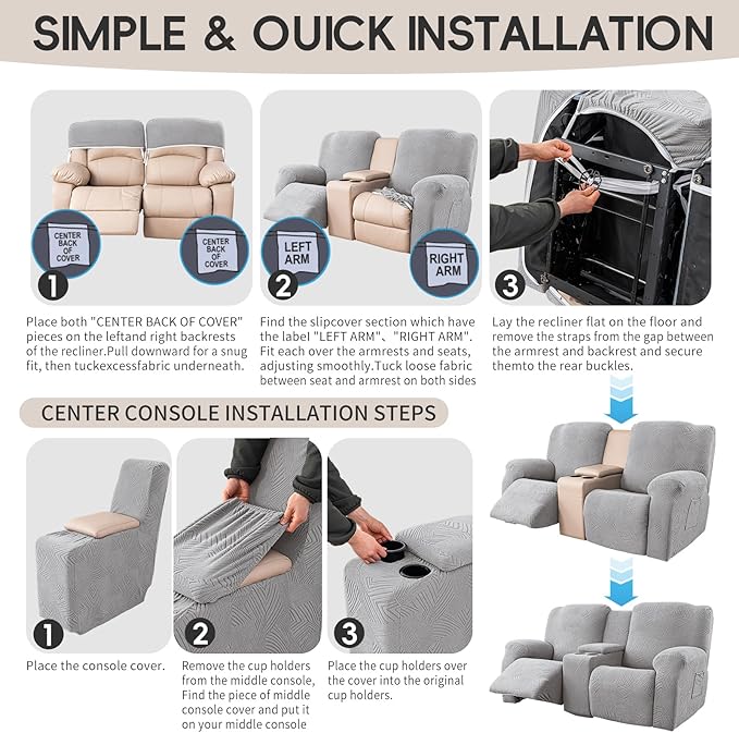 Recliner Loveseat Covers with Console, Stretch Geometric Strokes Jacquard - Image 7