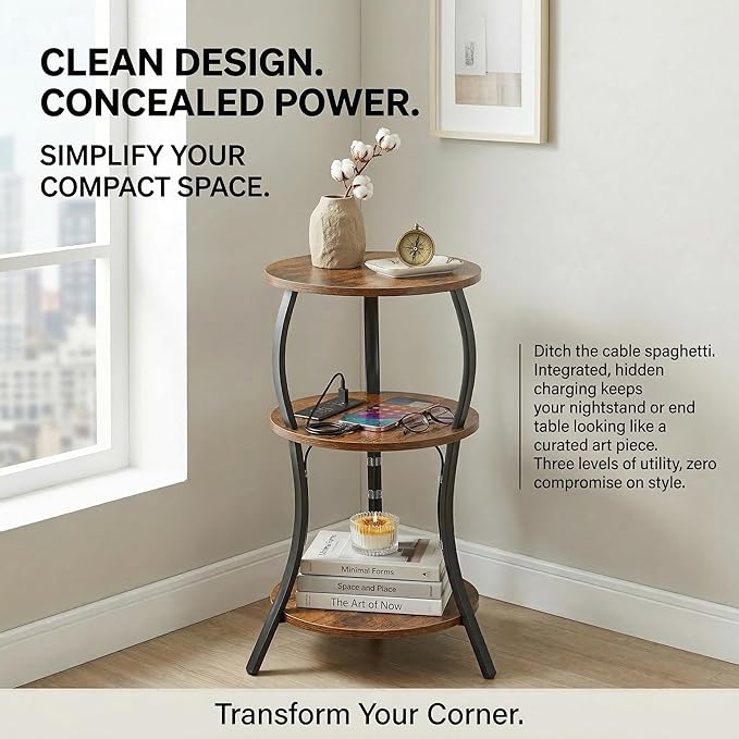Small Round Side Table with Charging Station, 3-Tier Waist Circular End Table - Image 9