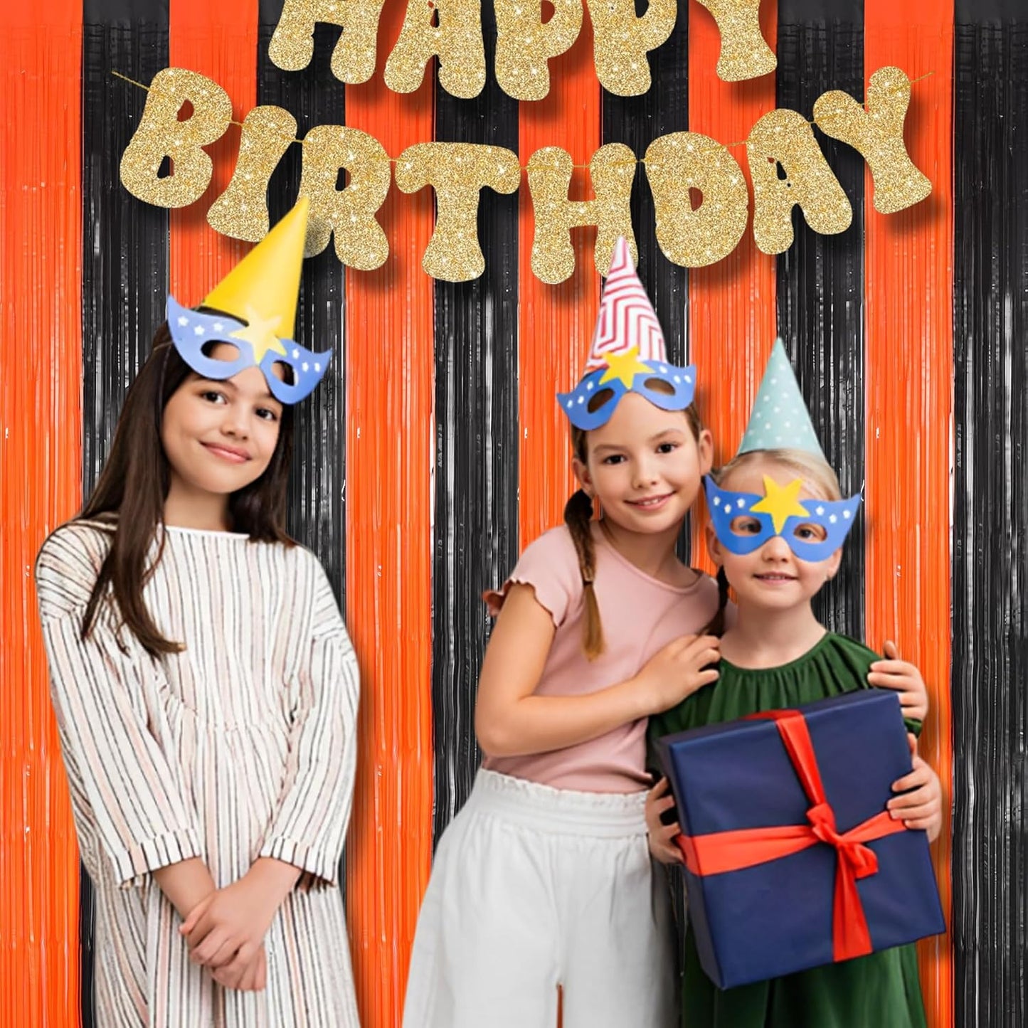 BRAVESHINE Tinsel Photo Backdrop Curtains - 2 Pack 3.2x8.2ft Black Orange Foil Fringe Streamer Curtain for Birthdays, Halloweens, Basketball, Pumpkins, Home, Indoor or Outdoor Party Decorations