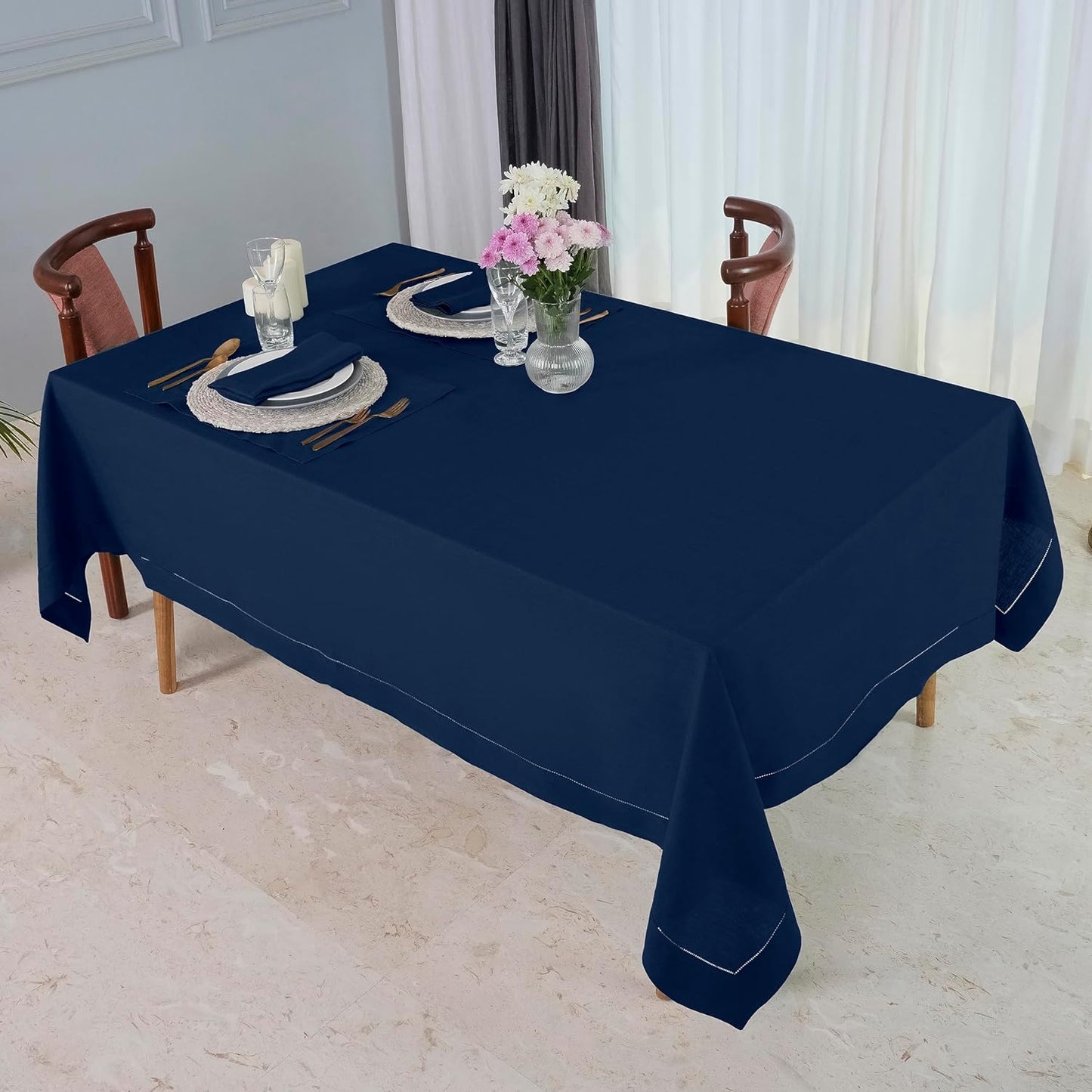 D'Moksha Homes Navy Blue Linen Tablecloth 60 x 108 Inch - 100% Pure Linen Navy Table Cloth for Rectangle Tables - Classic Hemstitch, Machine Washable Tablecloth for Fall, Autumn and Halloween