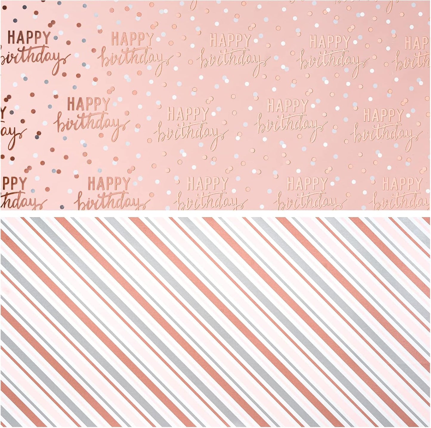 LeZakaa Reversible Pink Birthday Wrapping Paper Roll for Girls Women, Happy Birthday Lettering & Stripe Pattern with Metallic Foil in Pink, Mini Roll, 17 inches x 32.8 Feet (46.45 sq.ft.)