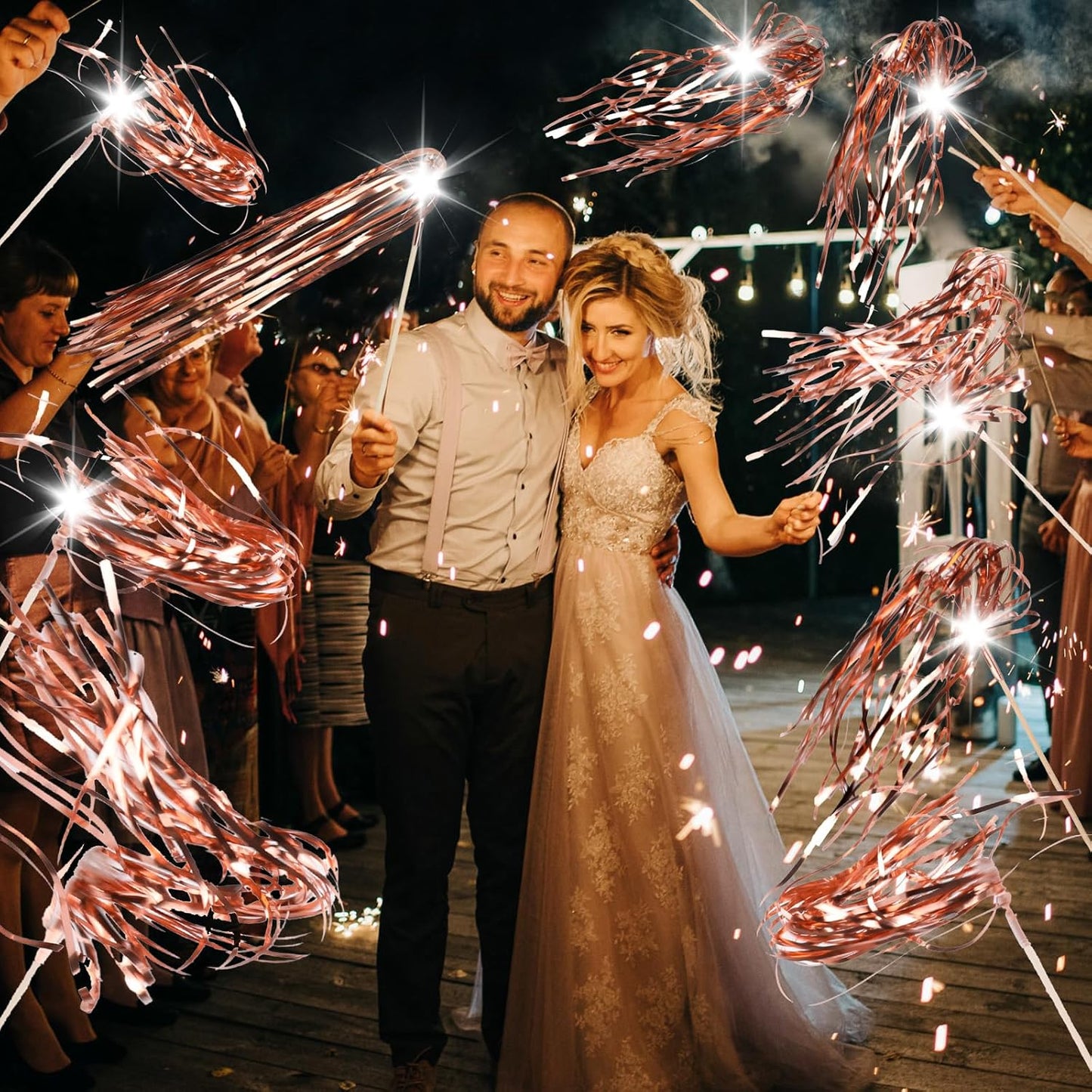 100 pcs Wedding Wands Light up with LED Tinsel Wedding Streamers for Wedding Send off and Greeting Ideal Props for Weddings, Birthday Parties, Christmas Cheerleading Games (Rose Gold)