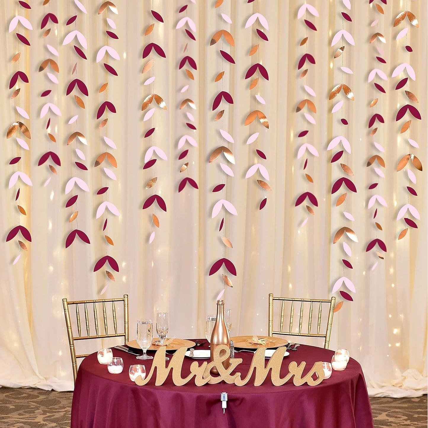52 Ft Burgundy Rose Gold Party Decorations Leaf Garland Kit Paper Hanging Leaves Streamer Banner for Birthday Bachelorette Engagement Anniversary Wedding Bridal Shower Fall Autumn Party Decor Supplies