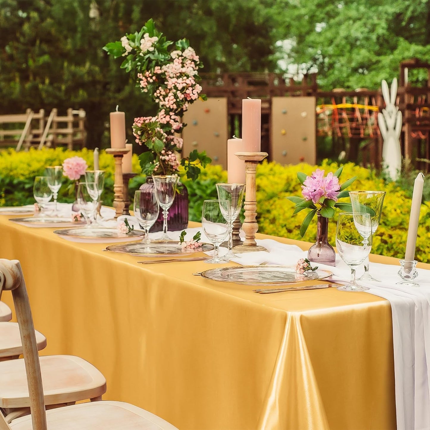 TURSTIN 4 Packs Gold Satin Tablecloth 102 x 58 Inch Overlay Satin Table Cover Rectangle Bright Silk Tablecloth Smooth Fabric Table Decoration for Wedding Banquet Party Events