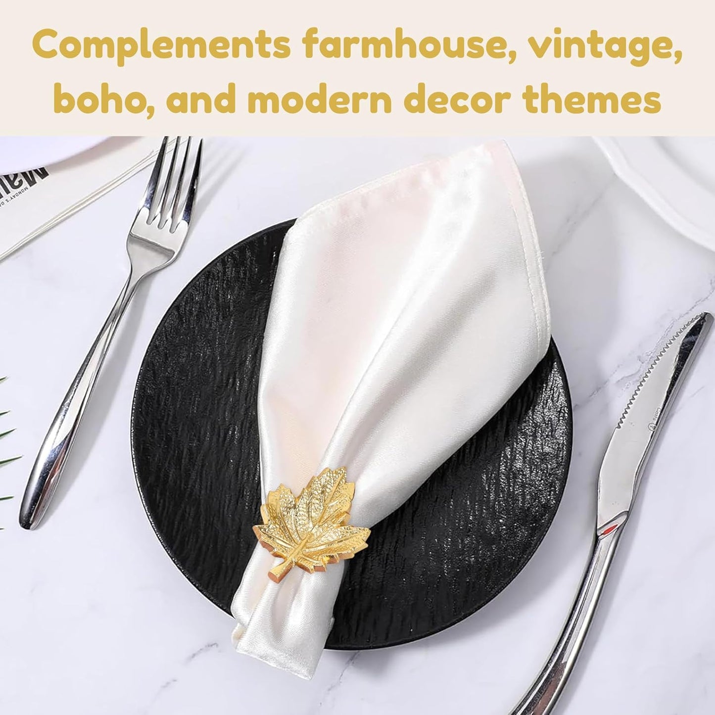 Set of 12 Maple Leaf Napkin Rings - Handcrafted Aluminum Napkin Holders for Cloth & Paper Napkins, Elegant Table Décor for Weddings, Thanksgiving, Christmas & Holiday Parties (Gold) - CLEENTABLE