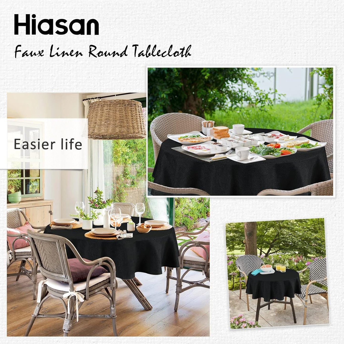 Hiasan Round Linen Tablecloth 90 Inch - Wrinkle and Stain Resistant Washable Polyester Fabric Table Cloth for Dining Room Kitchen Party, Black