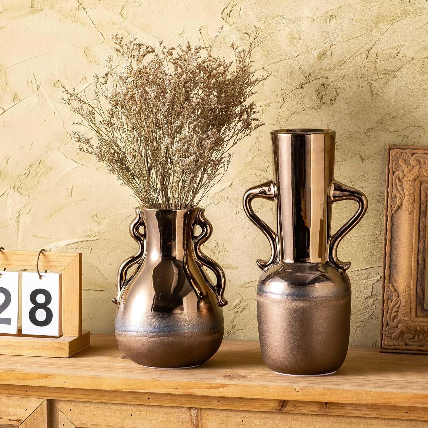 Gold Ceramic Vase with Handles, Brown Rustic Farmhouse Vintage Flower Vases Home Decor, Modern Amber Tall Centerpiece Floral Large Vases for Living Room, Bedroom, Office Metal Glaze Finish 11 Inch