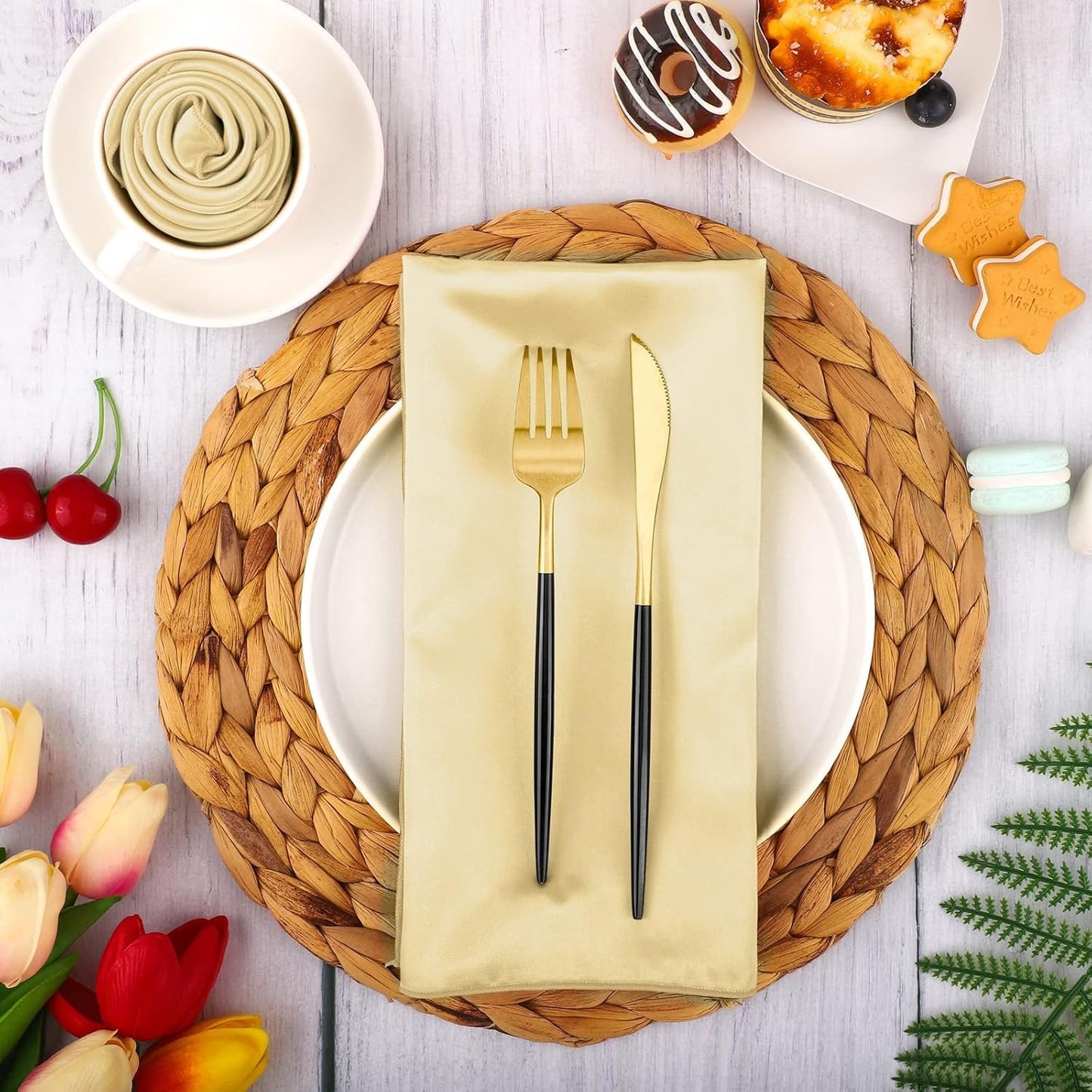 Aneco 16 Pack Square Satin Napkin Bright Silk Table Napkin Soft Smooth Fabric Table Napkin for Wedding Banquet Party Decoration, Champagne, 17 x 17 Inch