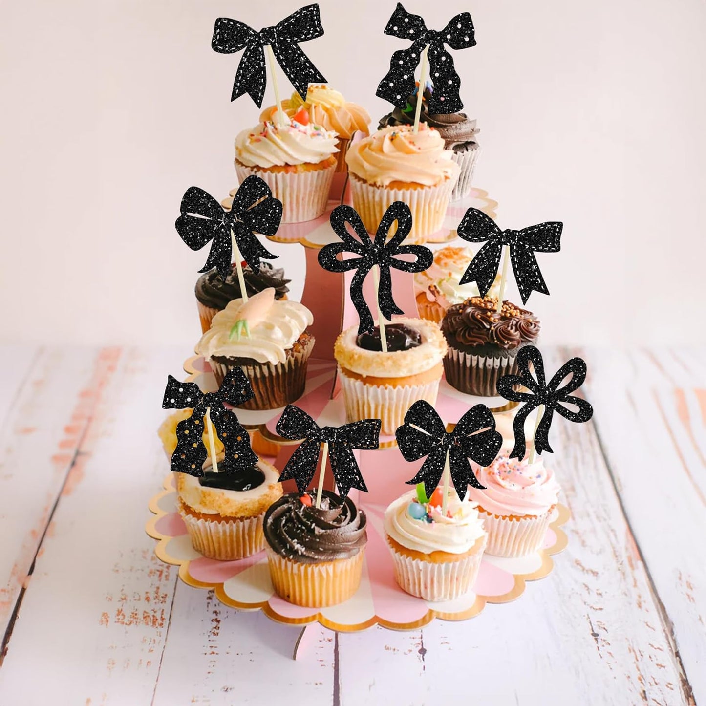Ephlyn 24Pcs Bow Cupcake Toppers Bow Birthday Cake Topper Girls Birthday Party Decorations Bowknot Cupcake Decorations for Bridal Baby Shower Birthday Wedding Themed Party Black