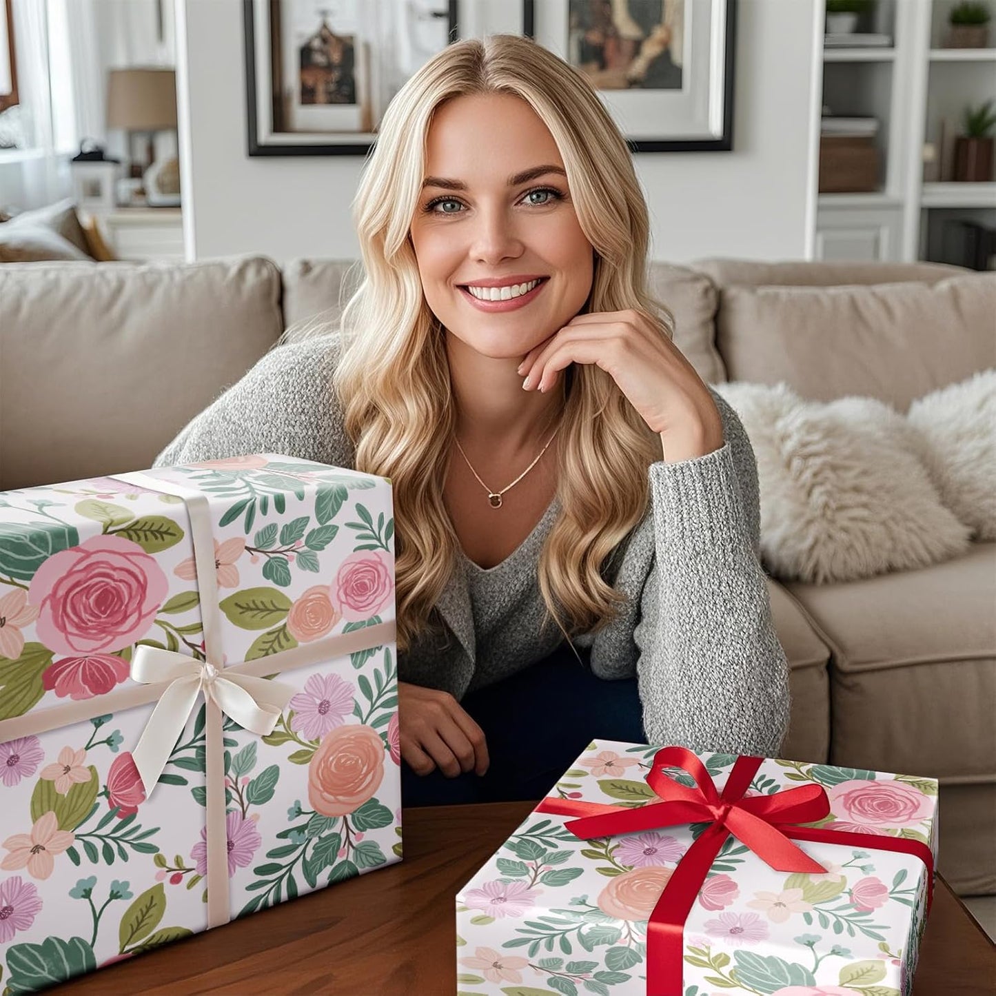 RUSPEPA Floral Wrapping Paper Roll for Women Girls, Mini Roll, Watercolor Pink Rose Gift Wrap, Flower and Foliage Paper for Wedding, Birthday, Mother's Day, Spring, Bridal Shower, 17 Inch X 16.4 Feet