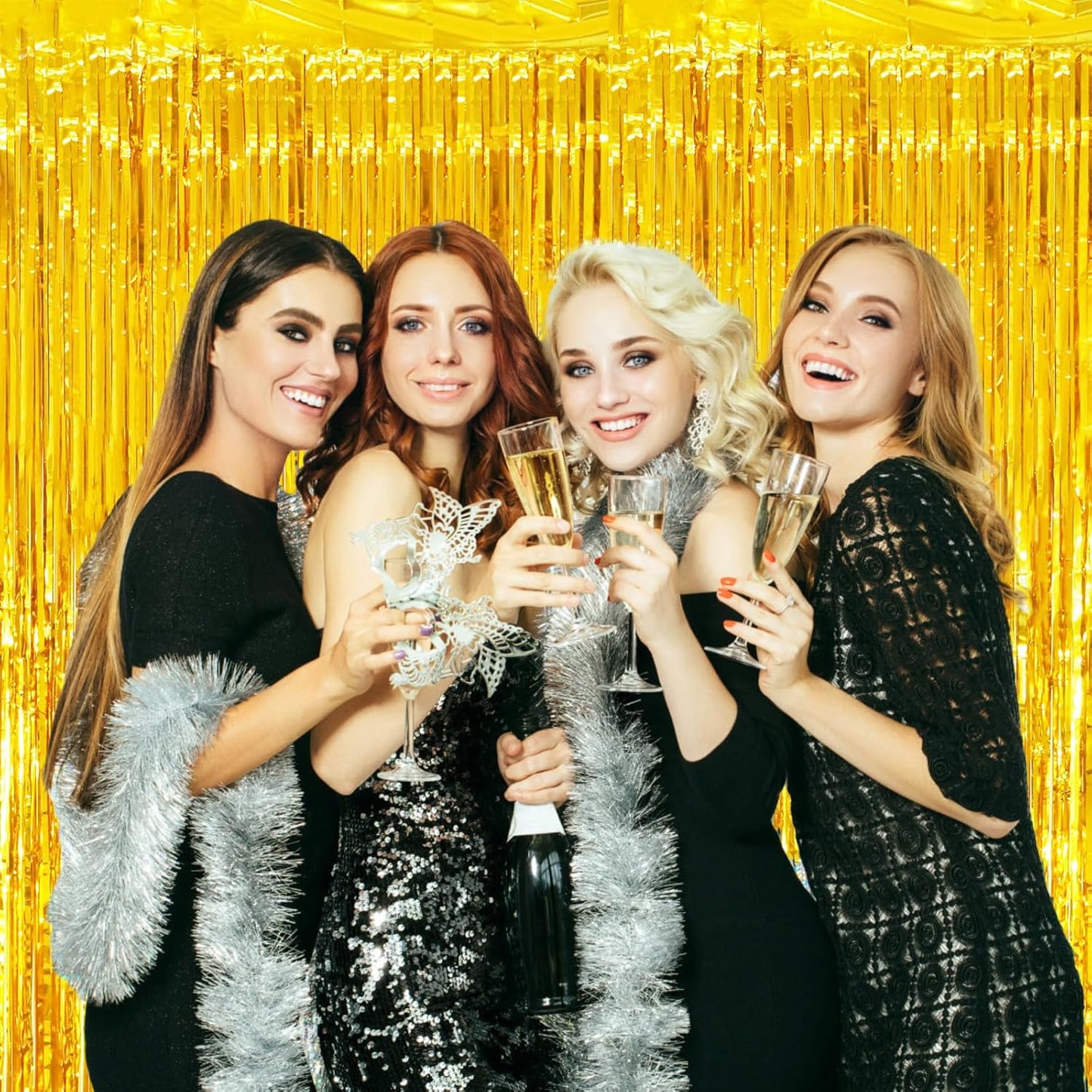 2 Pack Gold Tinsel Foil Fringe Curtains, Gold Party Decorations, Metallic Tinsel Party Streamers Backdrop for Birthday Baby Shower Graduation Wedding New Year Party Decorations