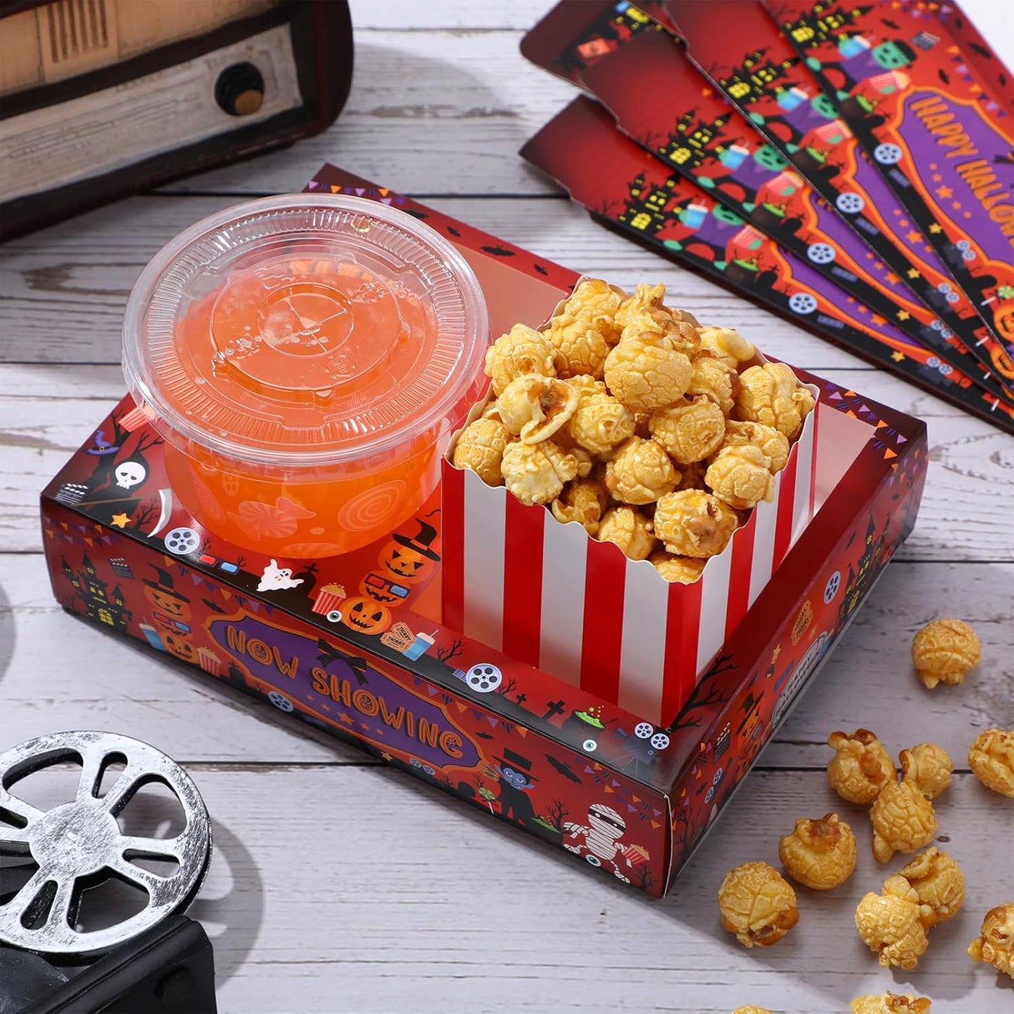 Faccito 36 Pcs Movie Night Snack Trays Movie Theater Snack Boxes Night Supply Disposable Paper Holder Tray for Popcorn Food Candy Drink Party 8 x 6 Inch (Red Black,Pumpkin Style)