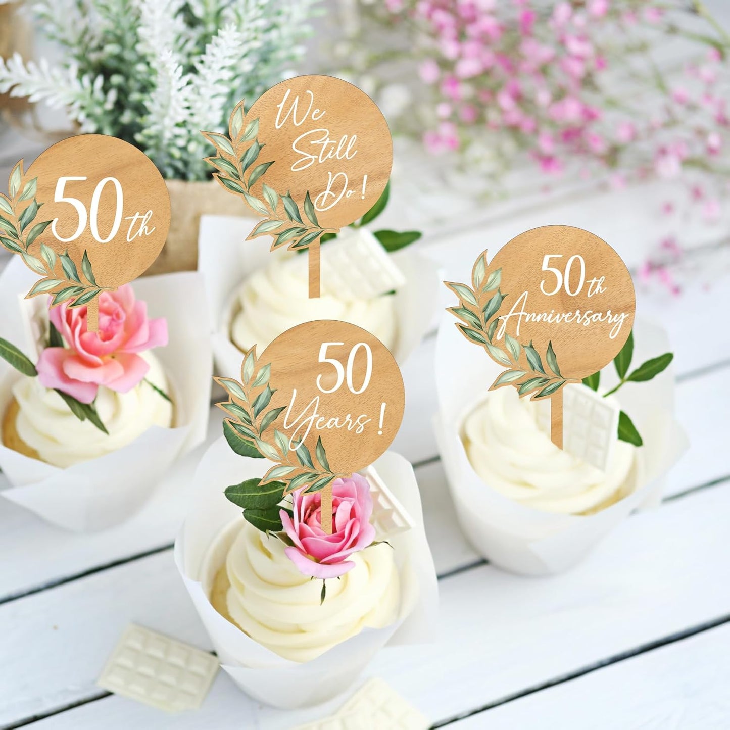Custom Cupcake Toppers Cake Decorations in Wood for Wedding Engagement Baby Shower Birthday Party etc. (Design A / 36 PCS)