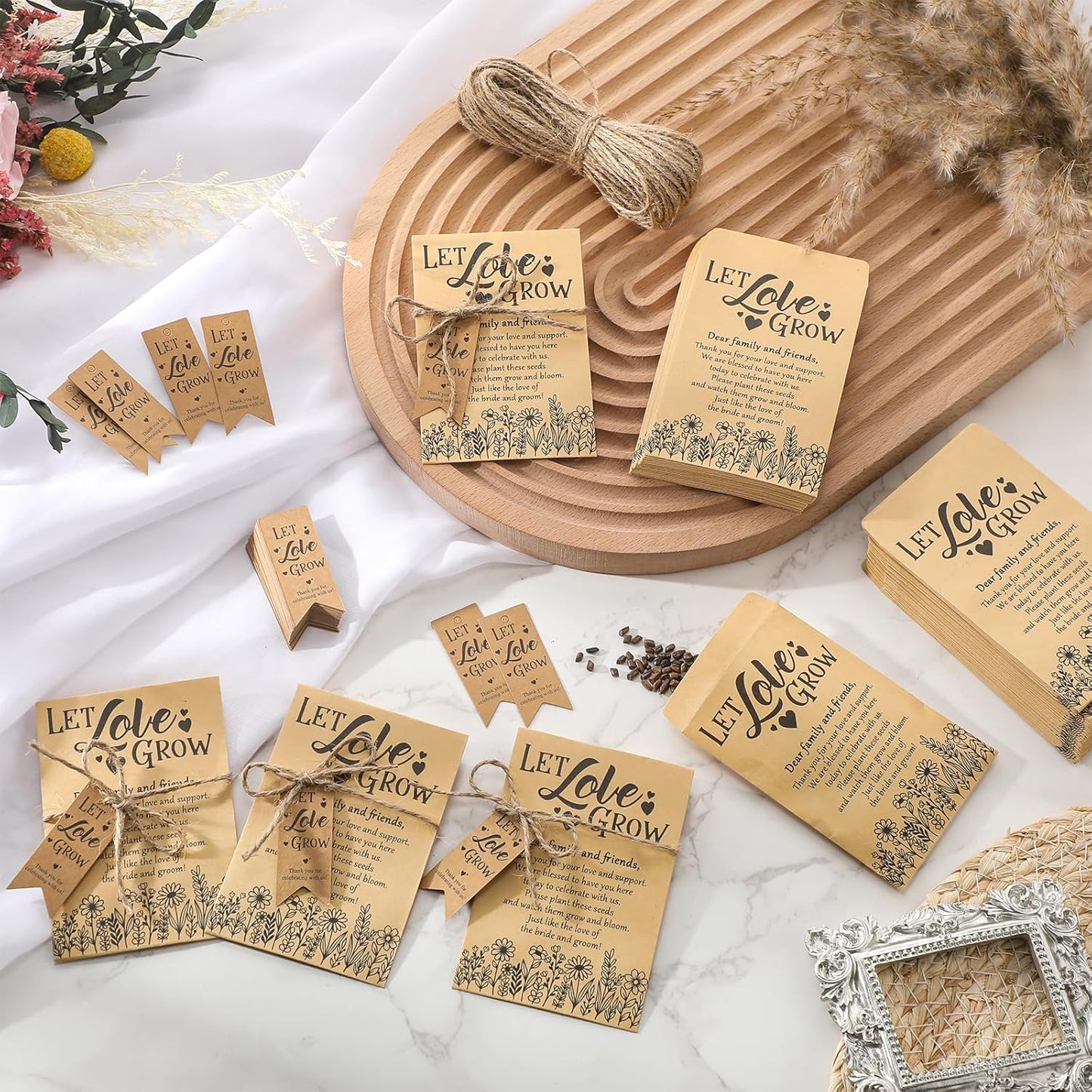 100 Sets Let Love Grow Wedding Favors for Guests Wedding Thank You Gifts Bulk Include Flower Seed Packets Tags and Hemp Ropes Craft Envelops for Bridal Shower Engagement Party Favors