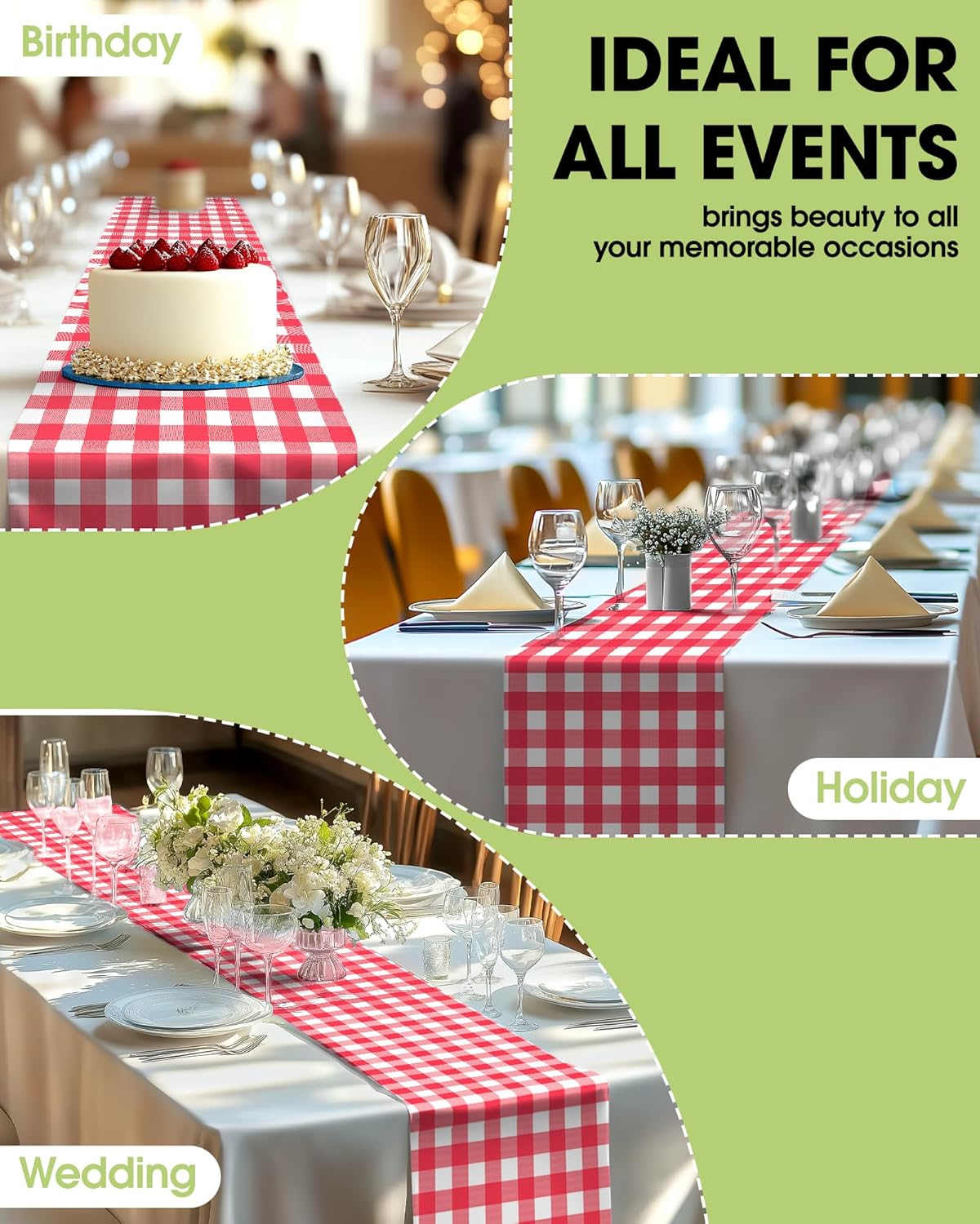 Pureegg Gingham Plastic Table Runners - 10 Pack, 14'' x 108'', Water Resistant & Disposable Plaid Centerpiece Decorations for Table Cloth, Birthday, Holiday, Party, Red and White Checkered Home Decor