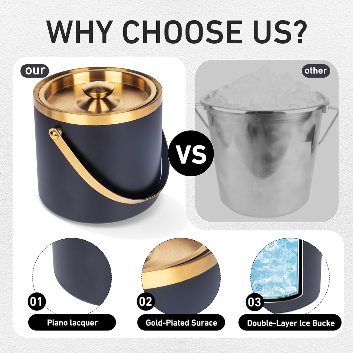 3L Double Wall Insulated Stainless Steel Ice Bucket with scoop for Cocktail Bar,Metal Ice Bucket for freezer with Lid for parties.ice Container to Keep Ice Colder,bar cart accessories(black)