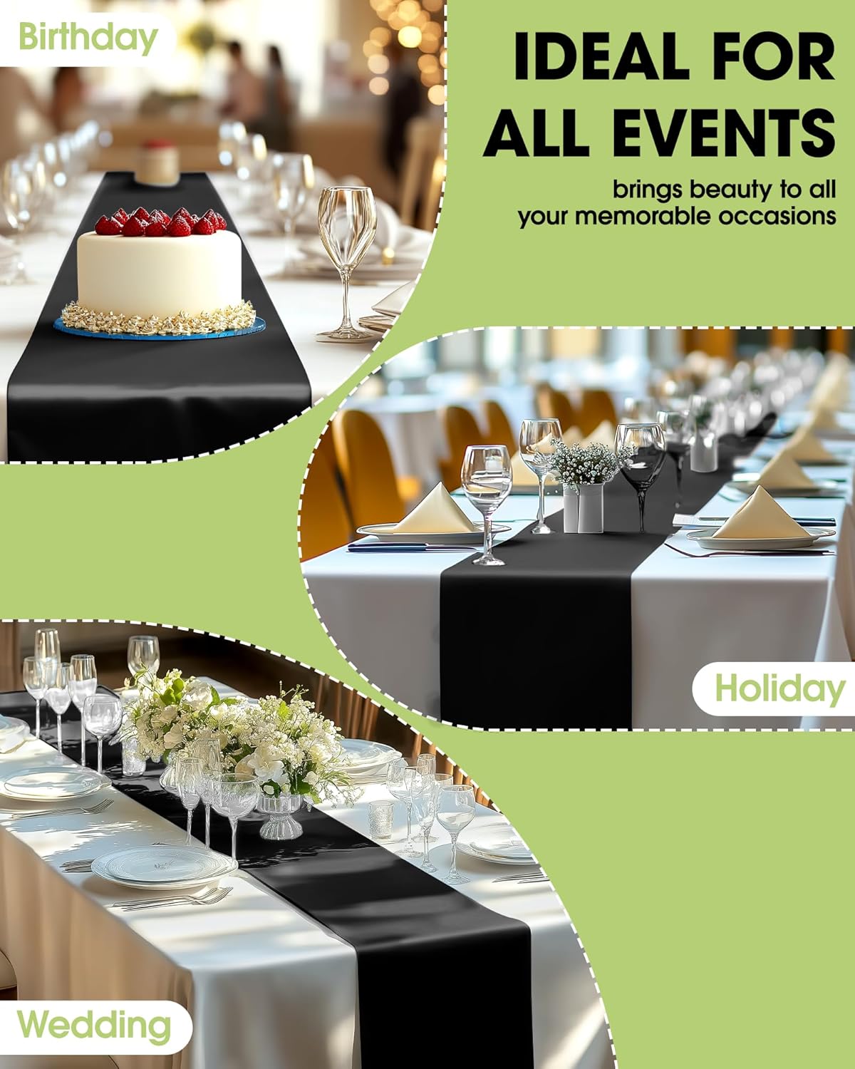 Pureegg Black Plastic Table Runners - 10 Pack, 14'' x 108'', Water Resistant & Disposable Centerpiece Decorations for Table Cloth, Wedding, Birthday, Holiday, Baby Shower, Party, Home Decor