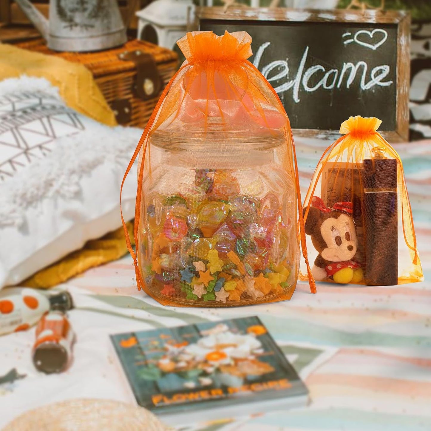 ANZNKU 50 Pack Premium Sheer Organza Bags 6x9 inches Mesh Bags Gift Drawstring for Halloween, Party, Wedding, Mesh, Festival, Makeup, Organza Favor Bag(Orange)