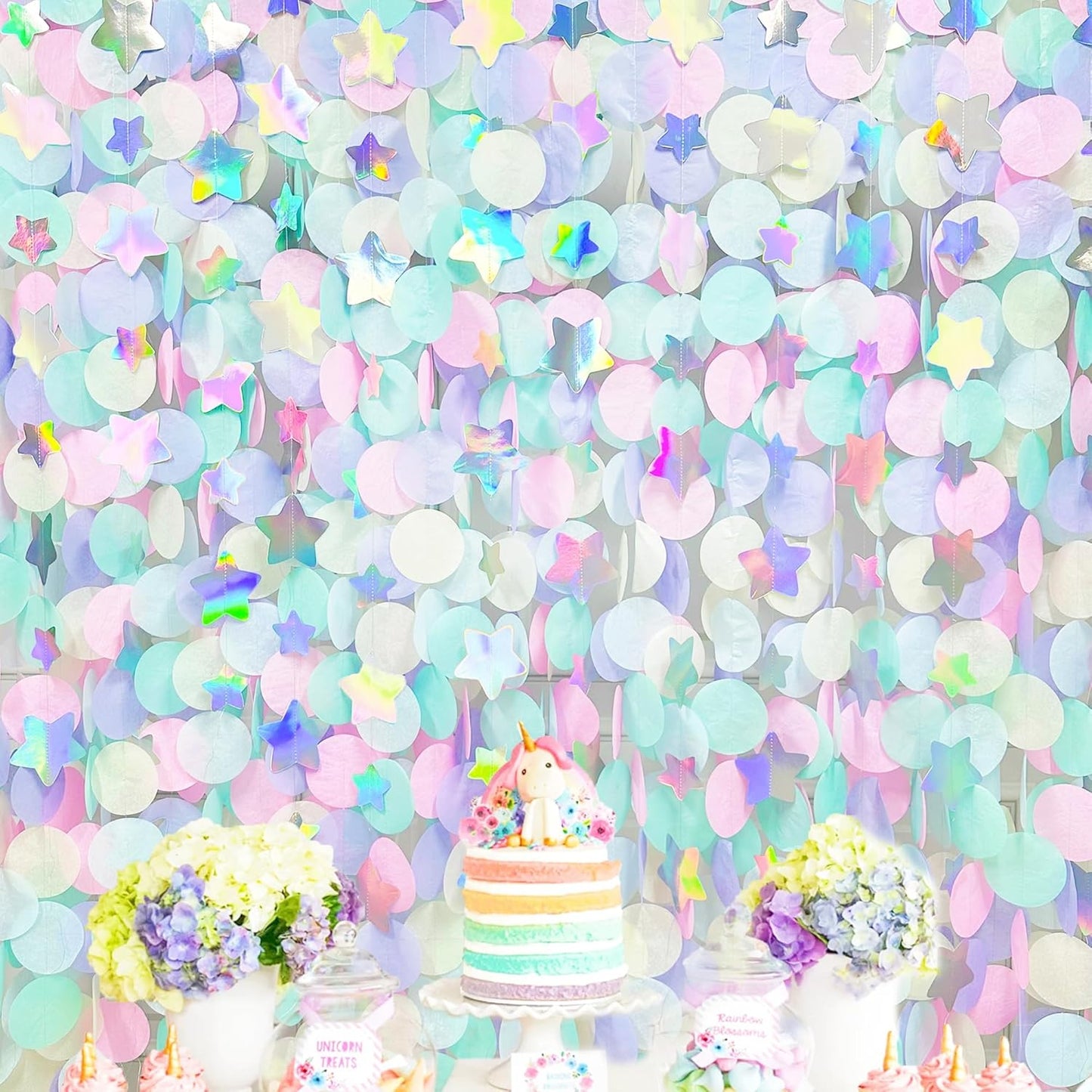 205Ft Pastel Party Decorations Circle Dot Backdrop Streamer Pastel Tissue Paper Polka Dots with Iridescent Star Hanging Garland for Birthday Wedding Bachelorette Engagement Baby Shower Party Supplies
