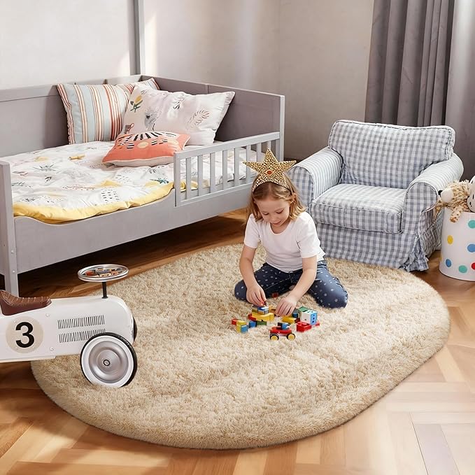 Ophanie 4x6 Oval Beige Rugs for Bedroom Living Room, Fluffy Fuzzy Furry Carpet - Image 5