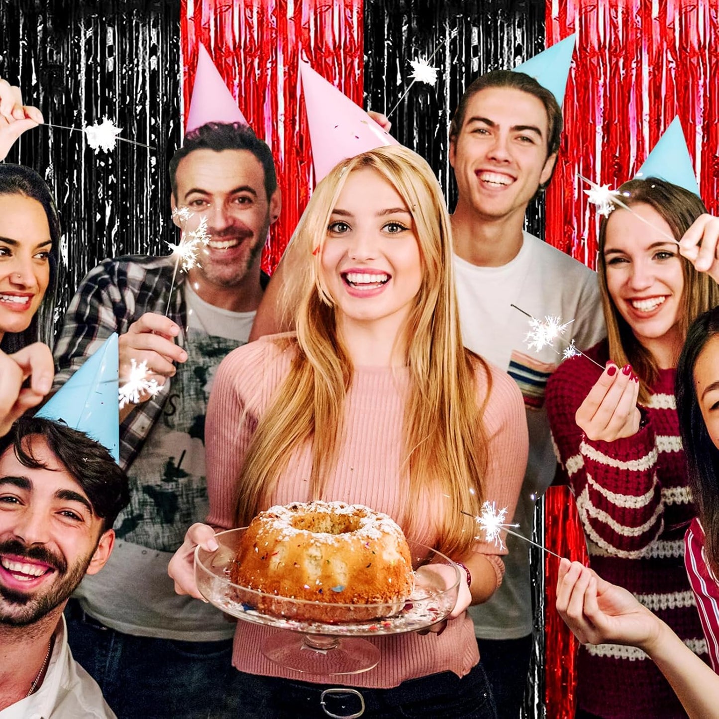 3 Pack Black Red Foil Fringe Curtain Backdrop, 3.28Ft x 8.2Ft Metallic Tinsel Foil Fringe Streamer Curtains for Photo Booth, Christmas Day, Thanksgiving, Wedding, New Year Party Decorations