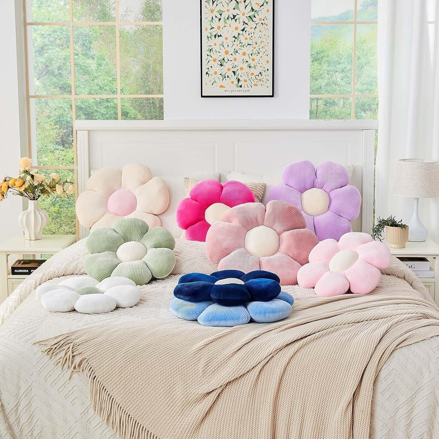 Beige Flower Pillow, 14.9" Cute Flower Shaped Floor Pillow, Aesthetic Floral Plush Daisy Decorative Throw Pillows for Bed Sofa Couch