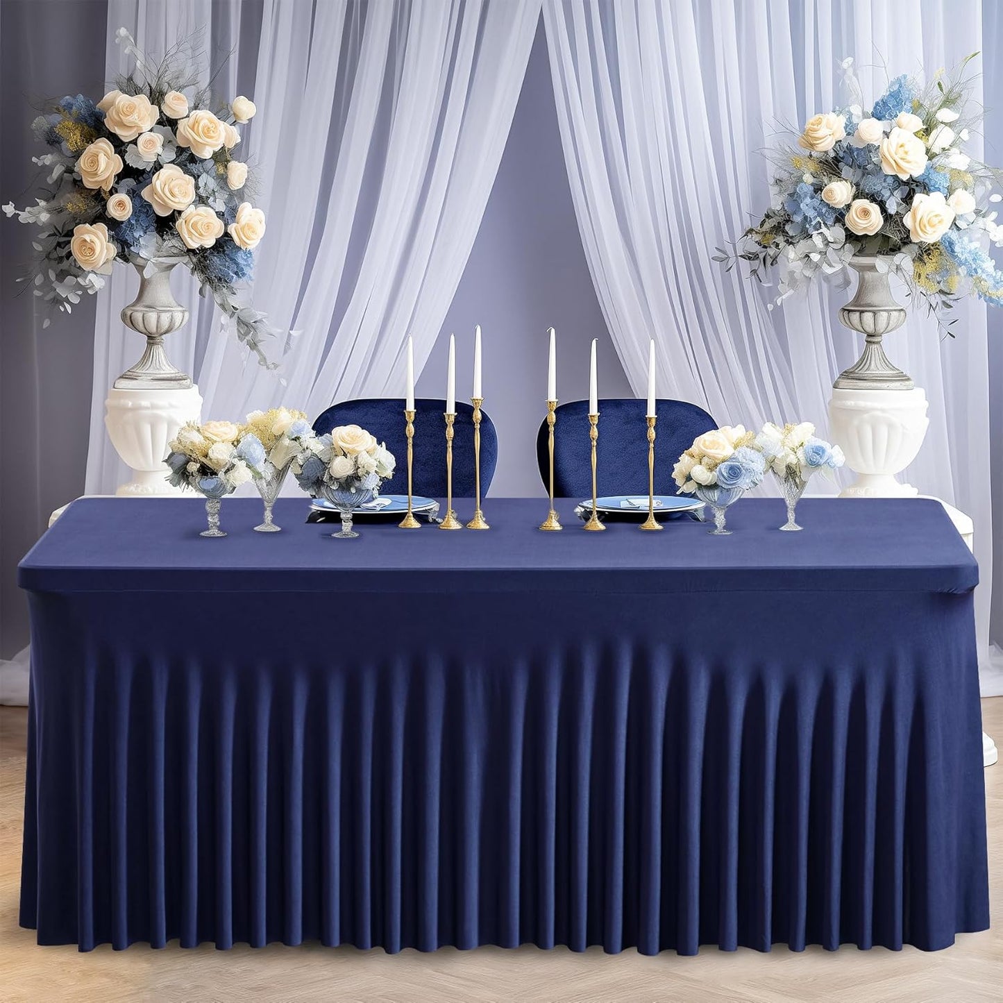 6 Pack Navy Blue Stretch Spandex Table Clothes for 6 Foot Rectangle Tables, 6FT Wrinkle Free Fitted Tablecloths Ruffles Design Table Cover for Party, Banquet, Wedding and Events